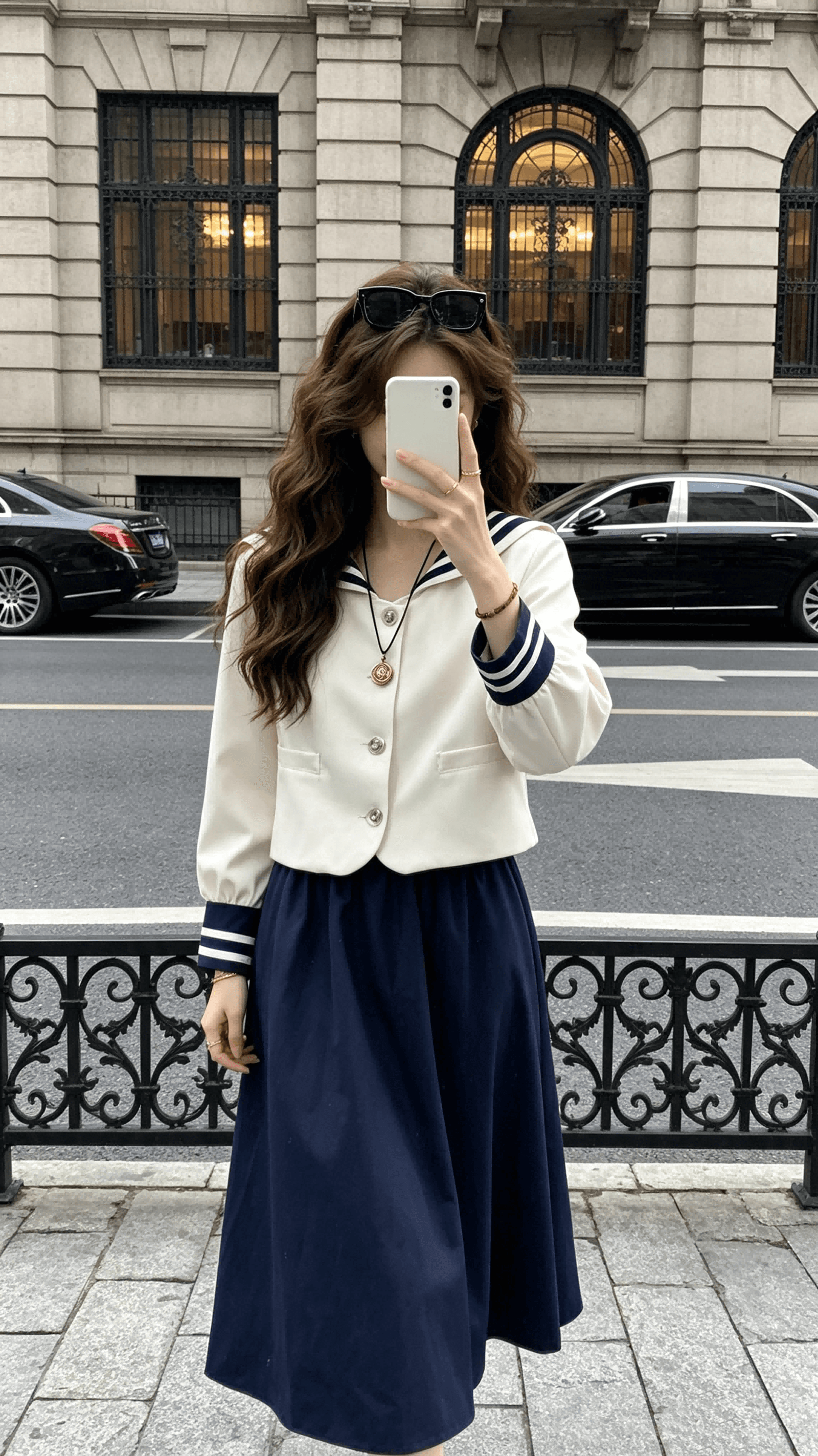 복숭아 수 있습니다. 위로 항해 가을의 날 소녀 학원 스타일 해군 칼라 쇼트 스타일 작은 바람 의류 여성 코트 가을 반신 치마 세트 이미지 4