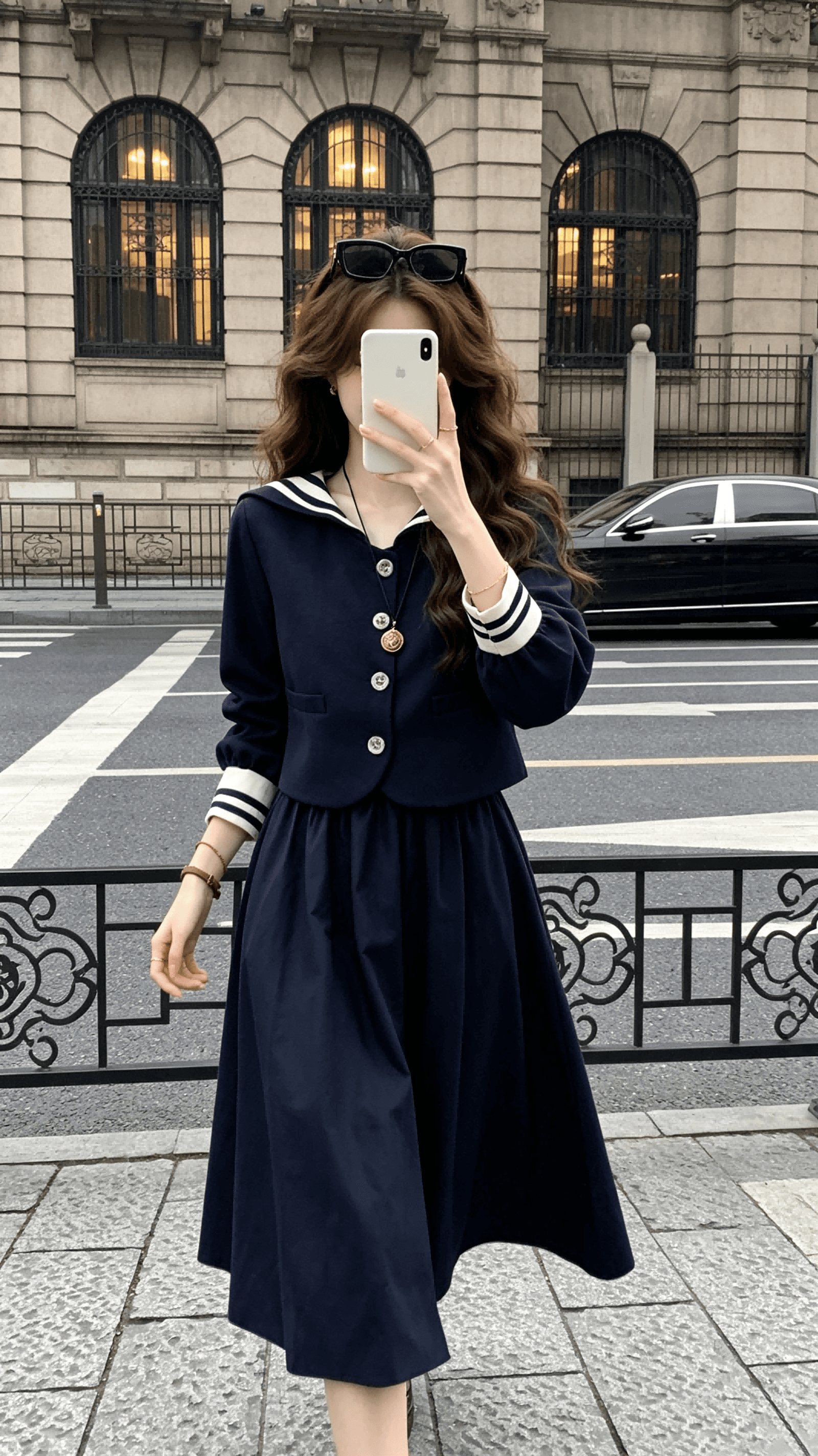 복숭아 수 있습니다. 위로 항해 가을의 날 소녀 학원 스타일 해군 칼라 쇼트 스타일 작은 바람 의류 여성 코트 가을 반신 치마 세트 이미지 2