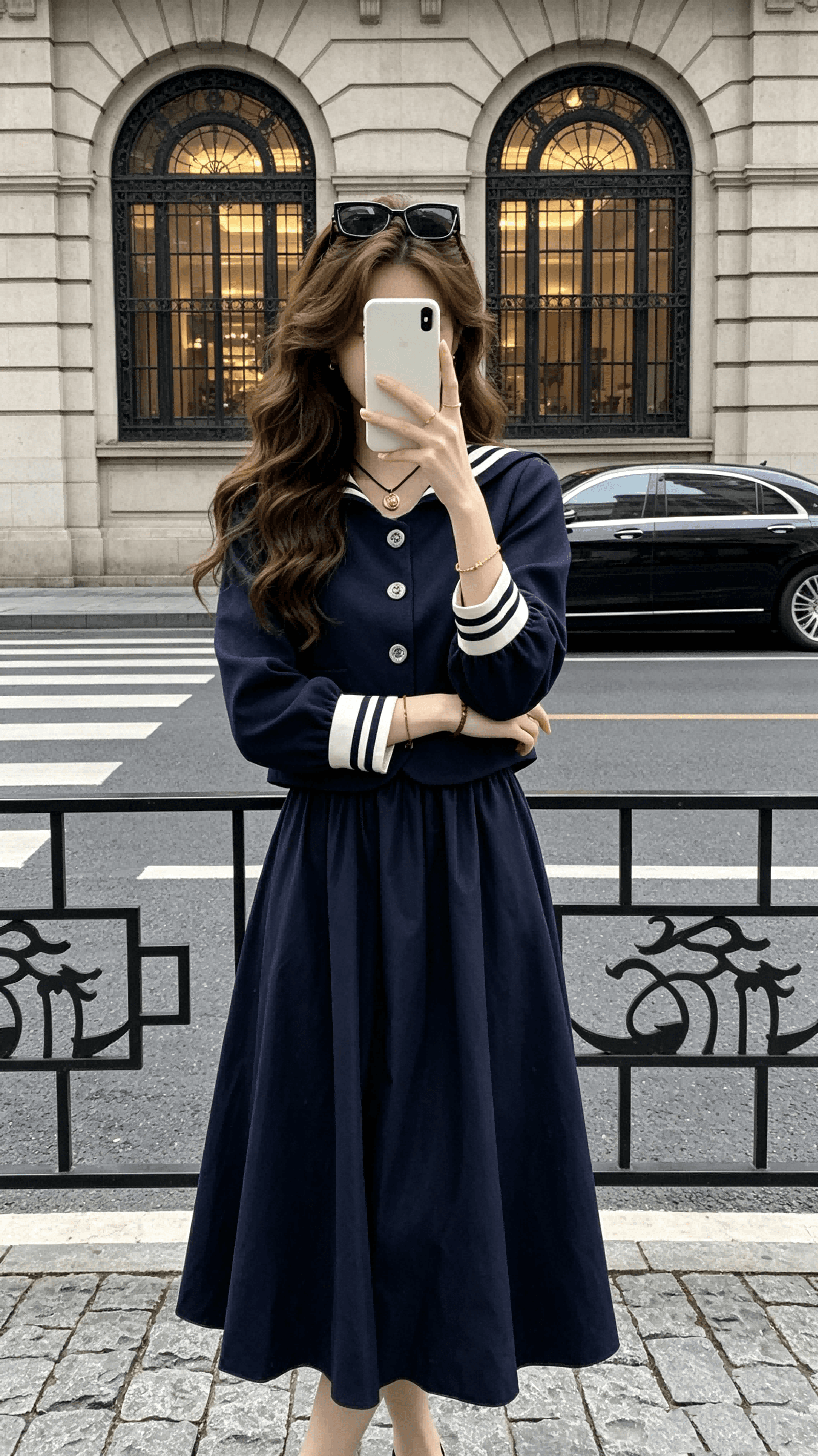 복숭아 수 있습니다. 위로 항해 가을의 날 소녀 학원 스타일 해군 칼라 쇼트 스타일 작은 바람 의류 여성 코트 가을 반신 치마 세트 상세 이미지 3