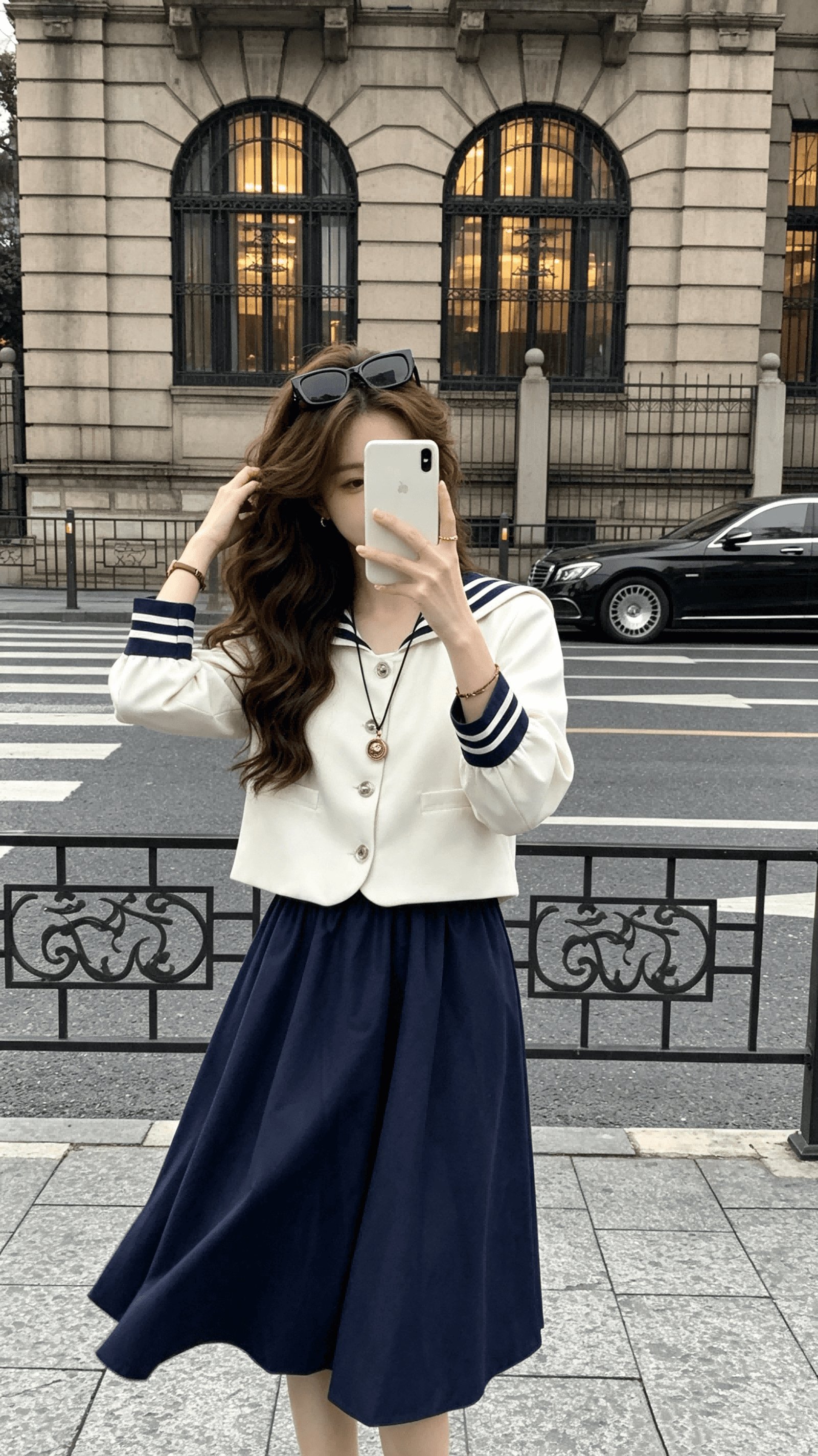 복숭아 수 있습니다. 위로 항해 가을의 날 소녀 학원 스타일 해군 칼라 쇼트 스타일 작은 바람 의류 여성 코트 가을 반신 치마 세트 상세 이미지 5