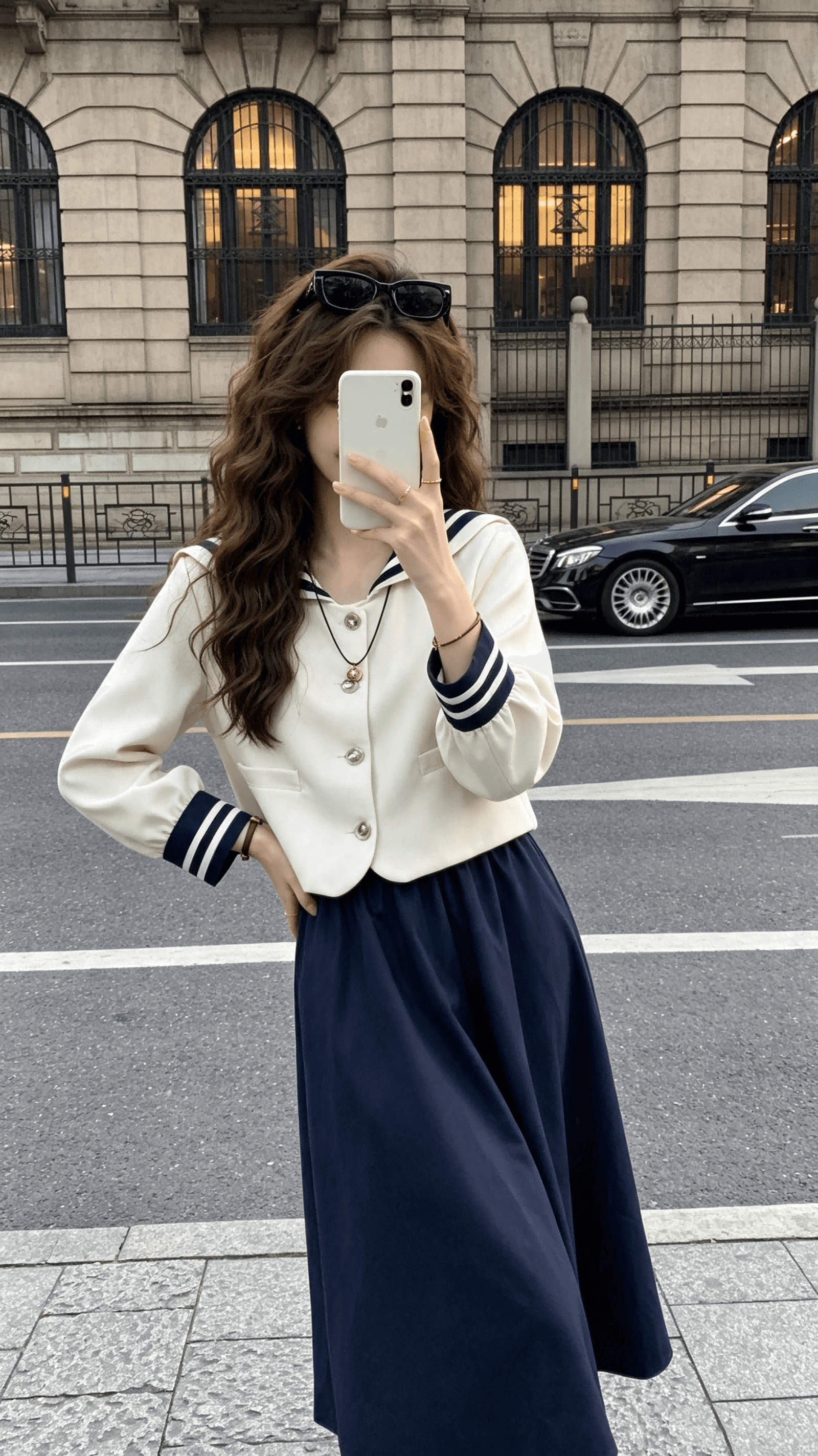 복숭아 수 있습니다. 위로 항해 가을의 날 소녀 학원 스타일 해군 칼라 쇼트 스타일 작은 바람 의류 여성 코트 가을 반신 치마 세트 상세 이미지 7