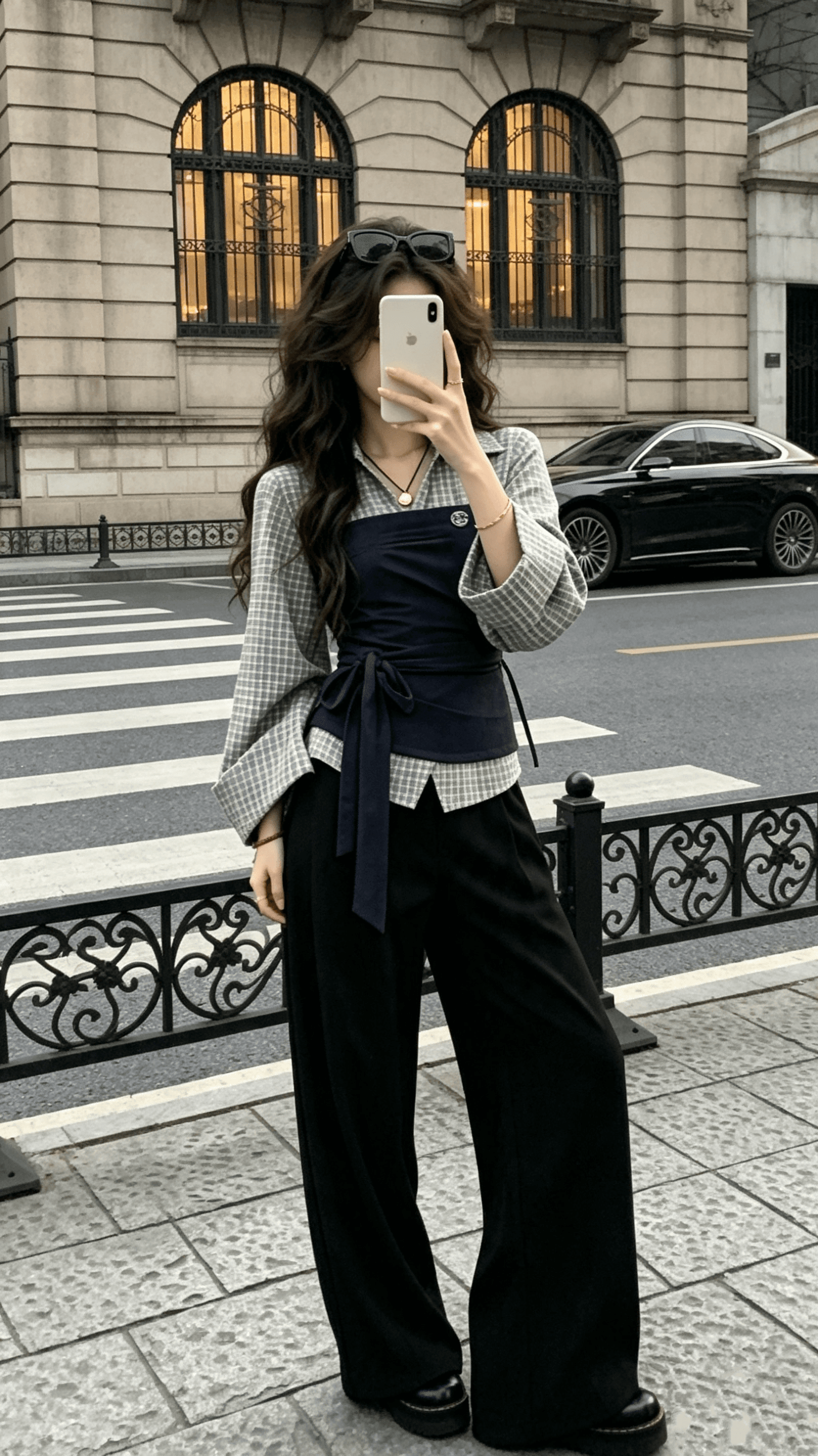popwest 丨 패치워크 페이크 레이어드 셔츠 작은 대중 배색 셔츠 허리 수축 긴팔 맨위 와이드 레그 팬츠 세트 여성 이미지 4