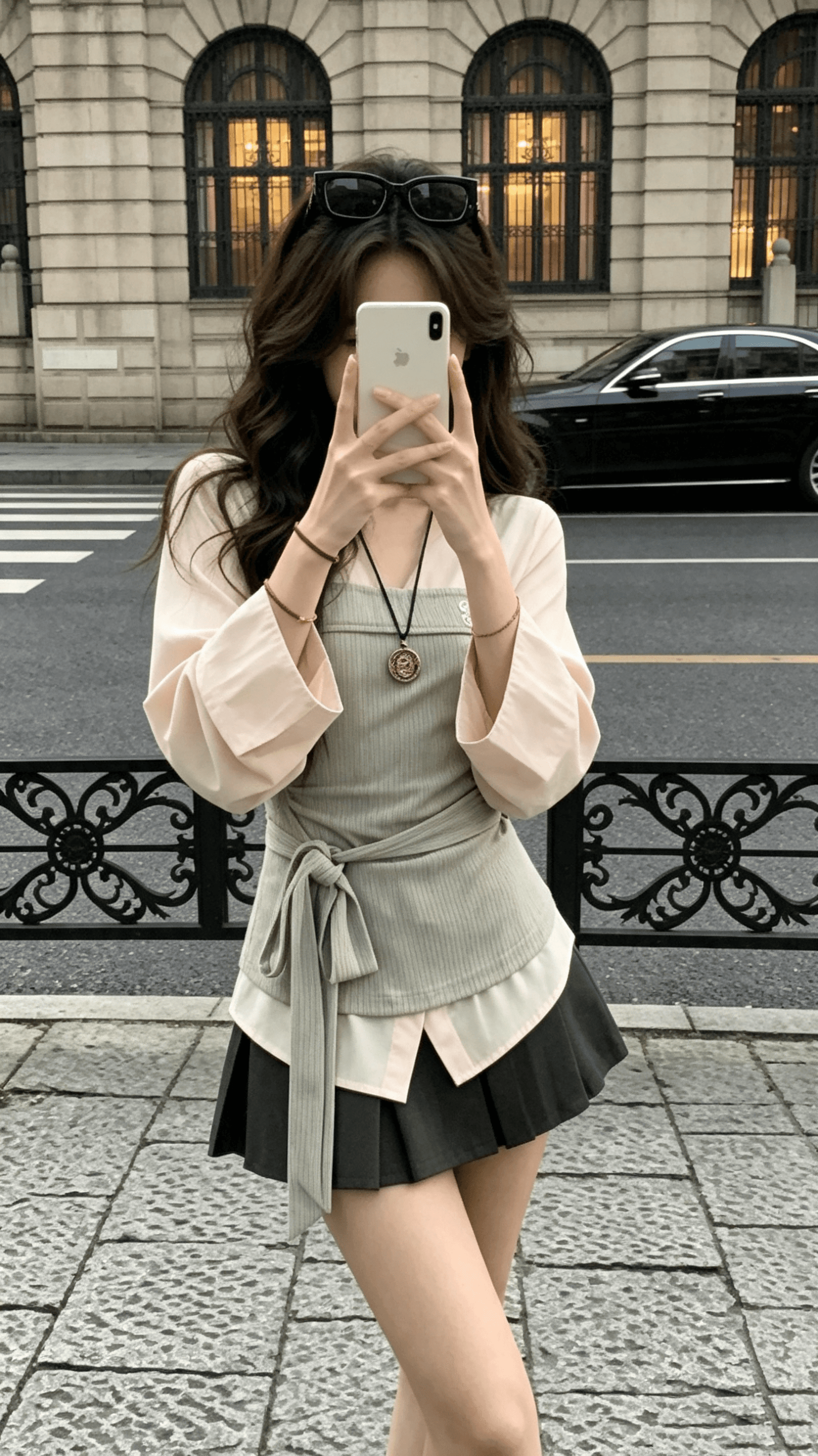 popwest 丨 패치워크 페이크 레이어드 셔츠 작은 대중 배색 셔츠 허리 수축 긴팔 맨위 와이드 레그 팬츠 세트 여성 상세 이미지 7