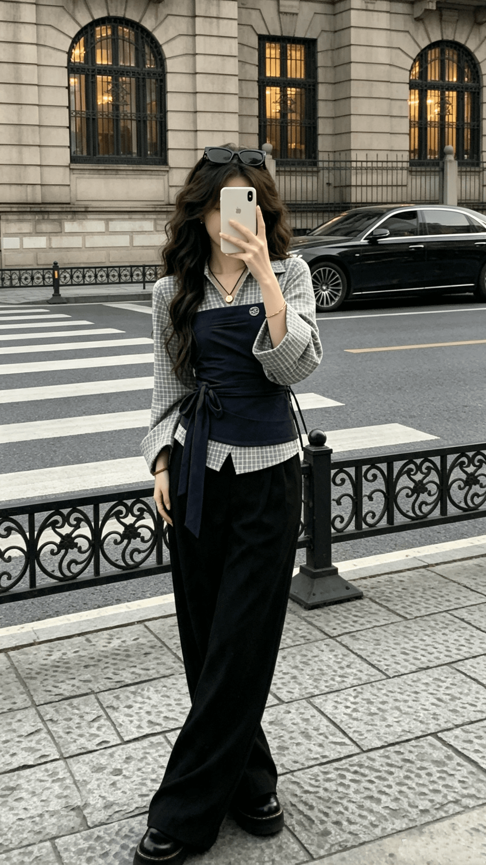 popwest 丨 패치워크 페이크 레이어드 셔츠 작은 대중 배색 셔츠 허리 수축 긴팔 맨위 와이드 레그 팬츠 세트 여성 상세 이미지 10