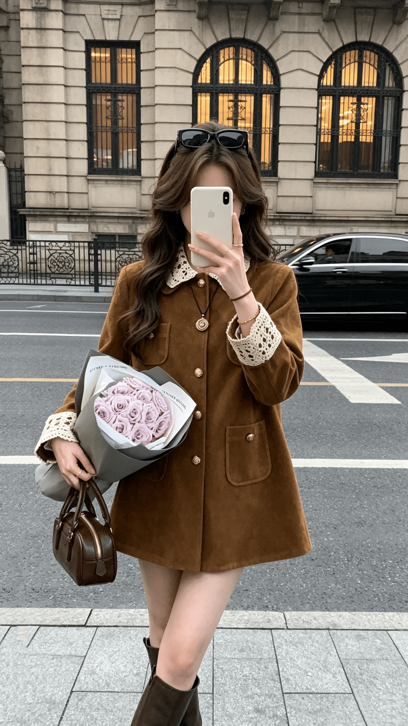 양 작은 볼륨 miu 부서 레트로 폴로 칼라 중간 길이 스웨이드 벨벳 재킷 워크웨어 바람막이 여성 아름다움 라드. 착용 가져 가라.