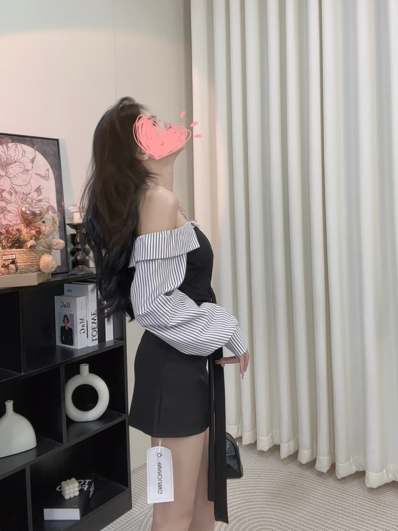 회화 솔루션 wahju 새 미스 이른 가을 배색 패치워크 스트라이프 디자인 오프숄더 슬림해 보이는 맨위 반 스커트 세트 이미지 3