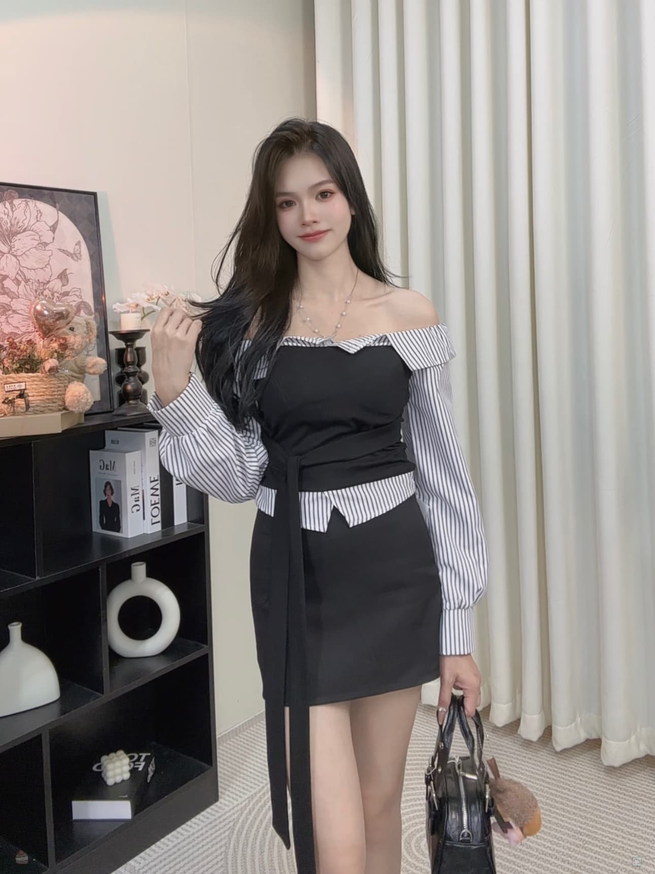 회화 솔루션 wahju 새 미스 이른 가을 배색 패치워크 스트라이프 디자인 오프숄더 슬림해 보이는 맨위 반 스커트 세트 이미지 4