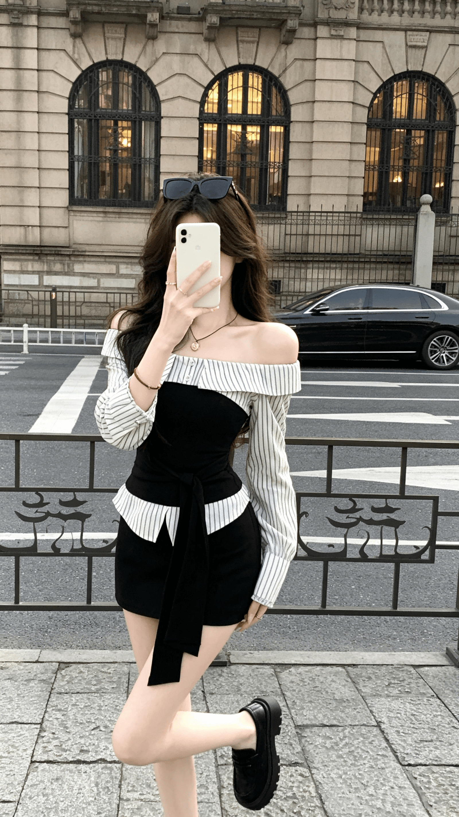 회화 솔루션 wahju 새 미스 이른 가을 배색 패치워크 스트라이프 디자인 오프숄더 슬림해 보이는 맨위 반 스커트 세트 상세 이미지 7