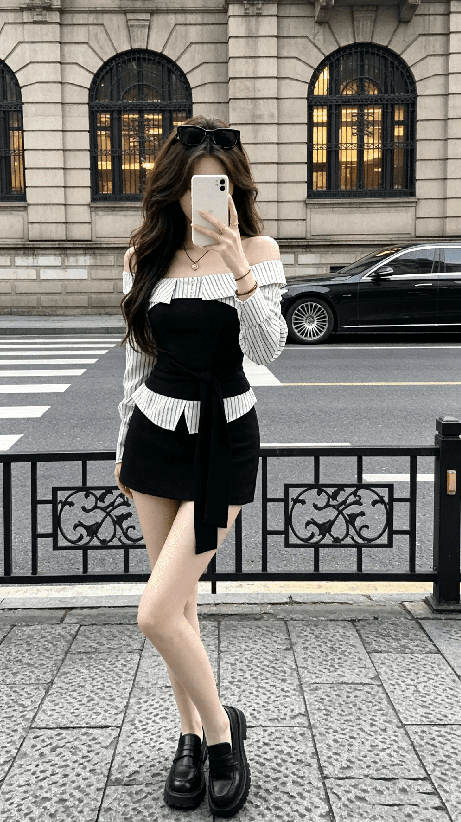 회화 솔루션 wahju 새 미스 이른 가을 배색 패치워크 스트라이프 디자인 오프숄더 슬림해 보이는 맨위 반 스커트 세트 상세 이미지 8