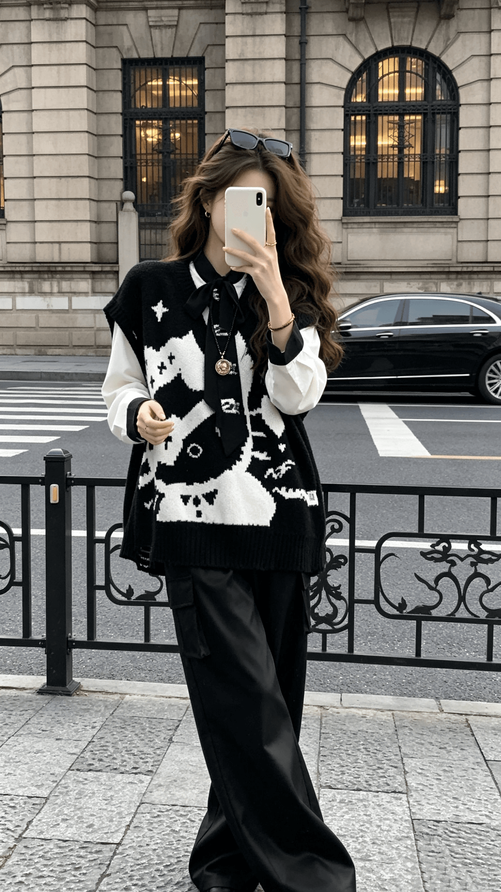 작은 6 월 6 월 브리트니 차가운 kitty 고양이 무거운 느긋한 V넥 스웨터 리본 자수 셔츠 이미지 2