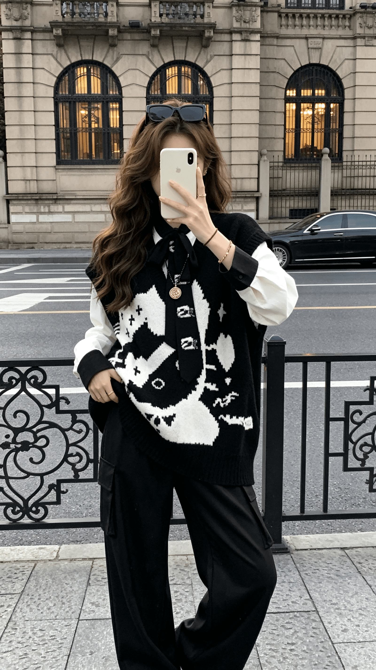작은 6 월 6 월 브리트니 차가운 kitty 고양이 무거운 느긋한 V넥 스웨터 리본 자수 셔츠 상세 이미지 3