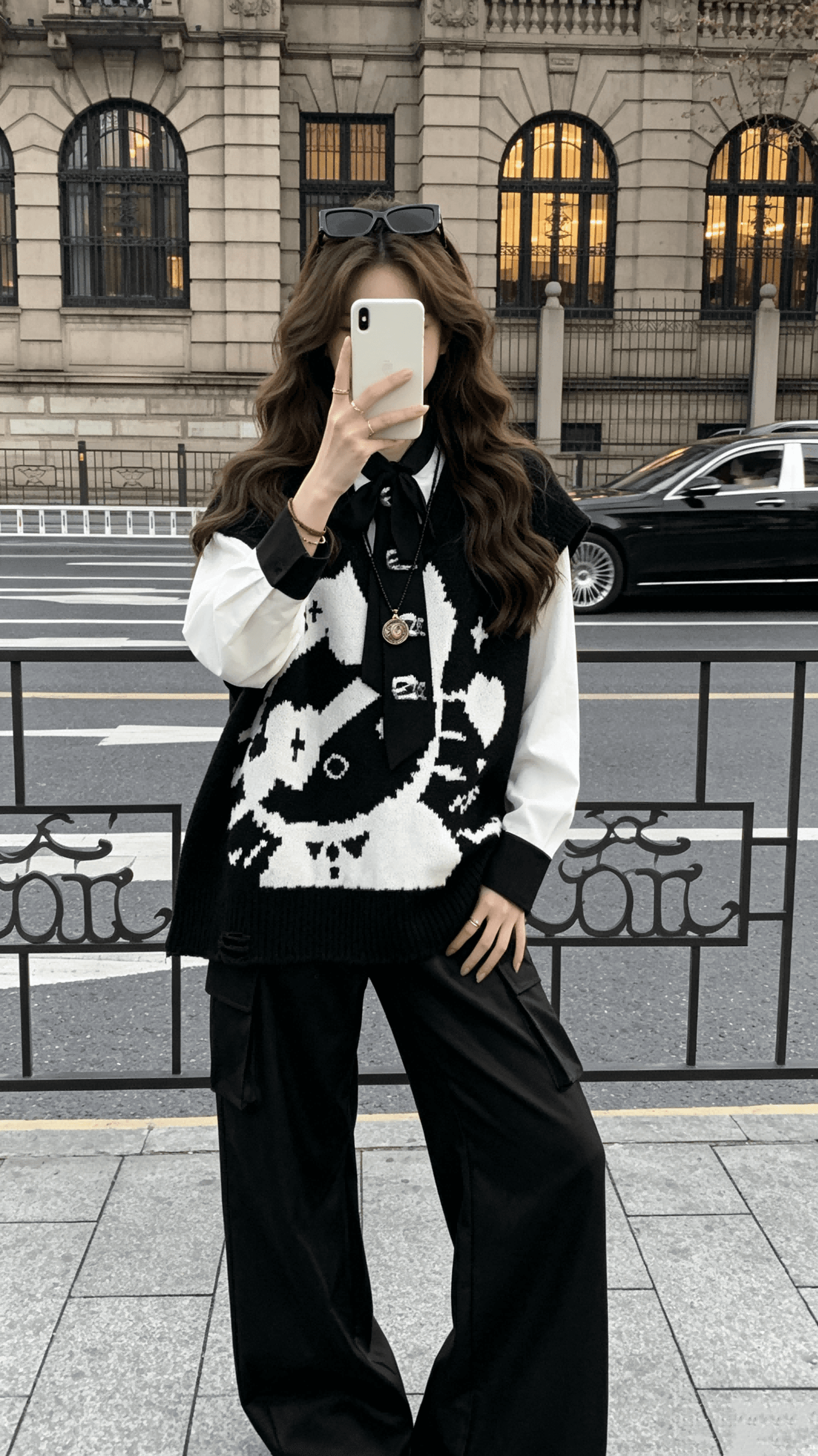 작은 6 월 6 월 브리트니 차가운 kitty 고양이 무거운 느긋한 V넥 스웨터 리본 자수 셔츠 상세 이미지 4