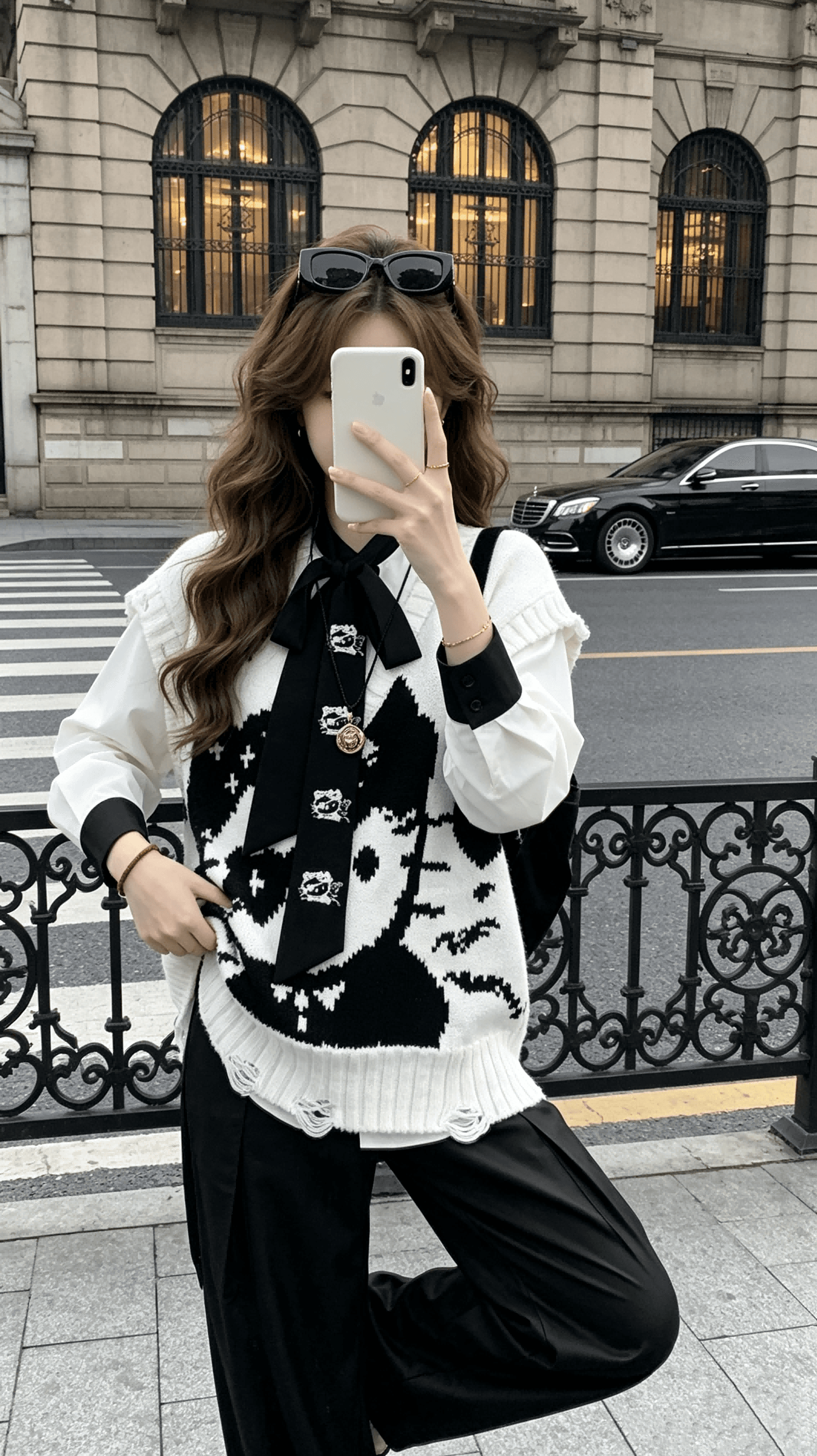 작은 6 월 6 월 브리트니 차가운 kitty 고양이 무거운 느긋한 V넥 스웨터 리본 자수 셔츠 상세 이미지 6