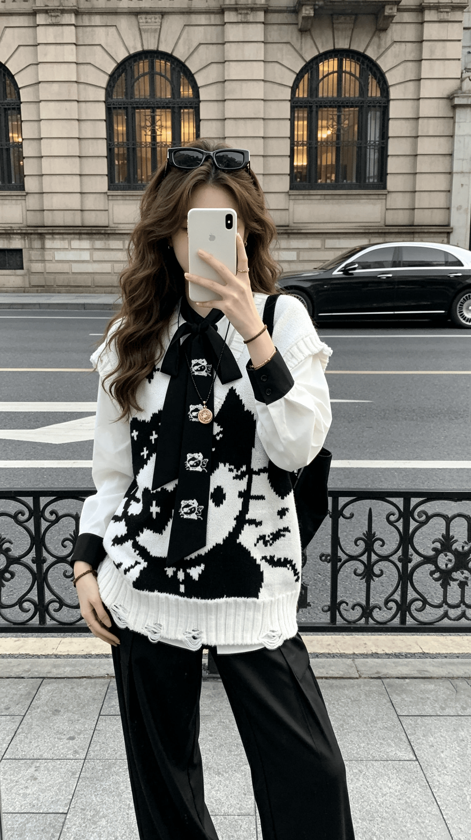 작은 6 월 6 월 브리트니 차가운 kitty 고양이 무거운 느긋한 V넥 스웨터 리본 자수 셔츠 상세 이미지 7