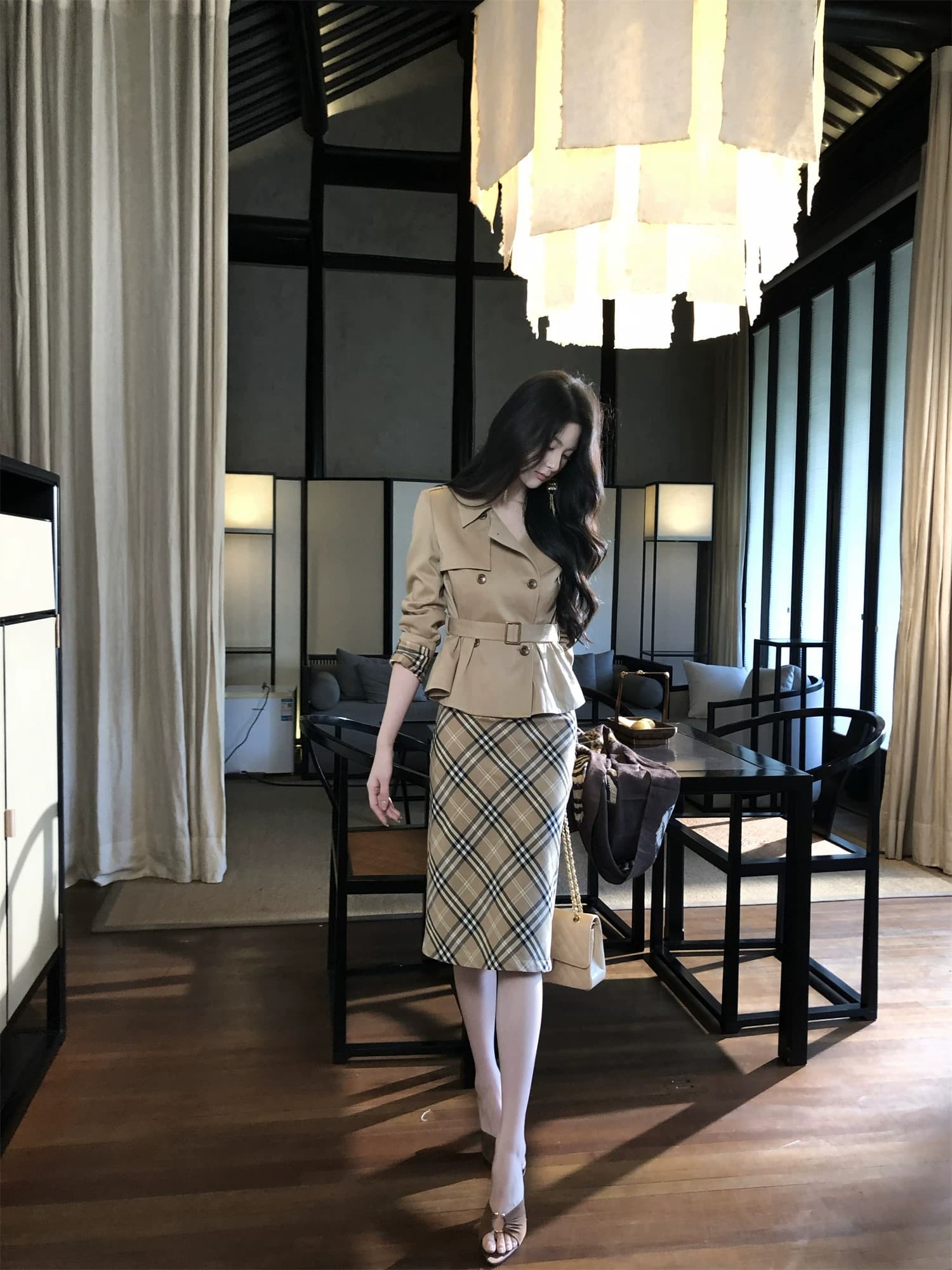 하나부터 순간 반도 라이 경기 서울 면 쇼트 스타일 재킷 재킷 레트로 체크무늬 타이트 스커트 반 스커트 출퇴근 착용 가져 가라. 상세 이미지 16