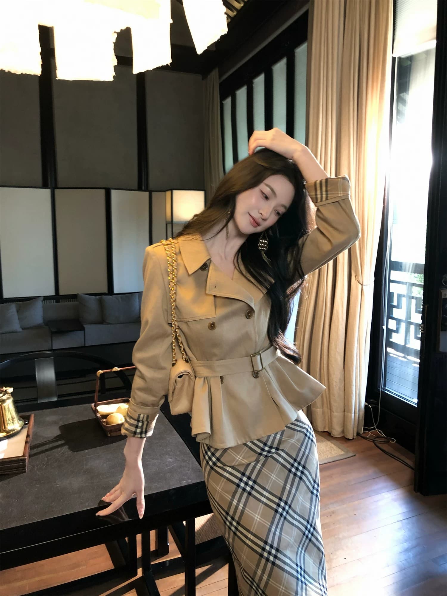 하나부터 순간 반도 라이 경기 서울 면 쇼트 스타일 재킷 재킷 레트로 체크무늬 타이트 스커트 반 스커트 출퇴근 착용 가져 가라. 상세 이미지 20
