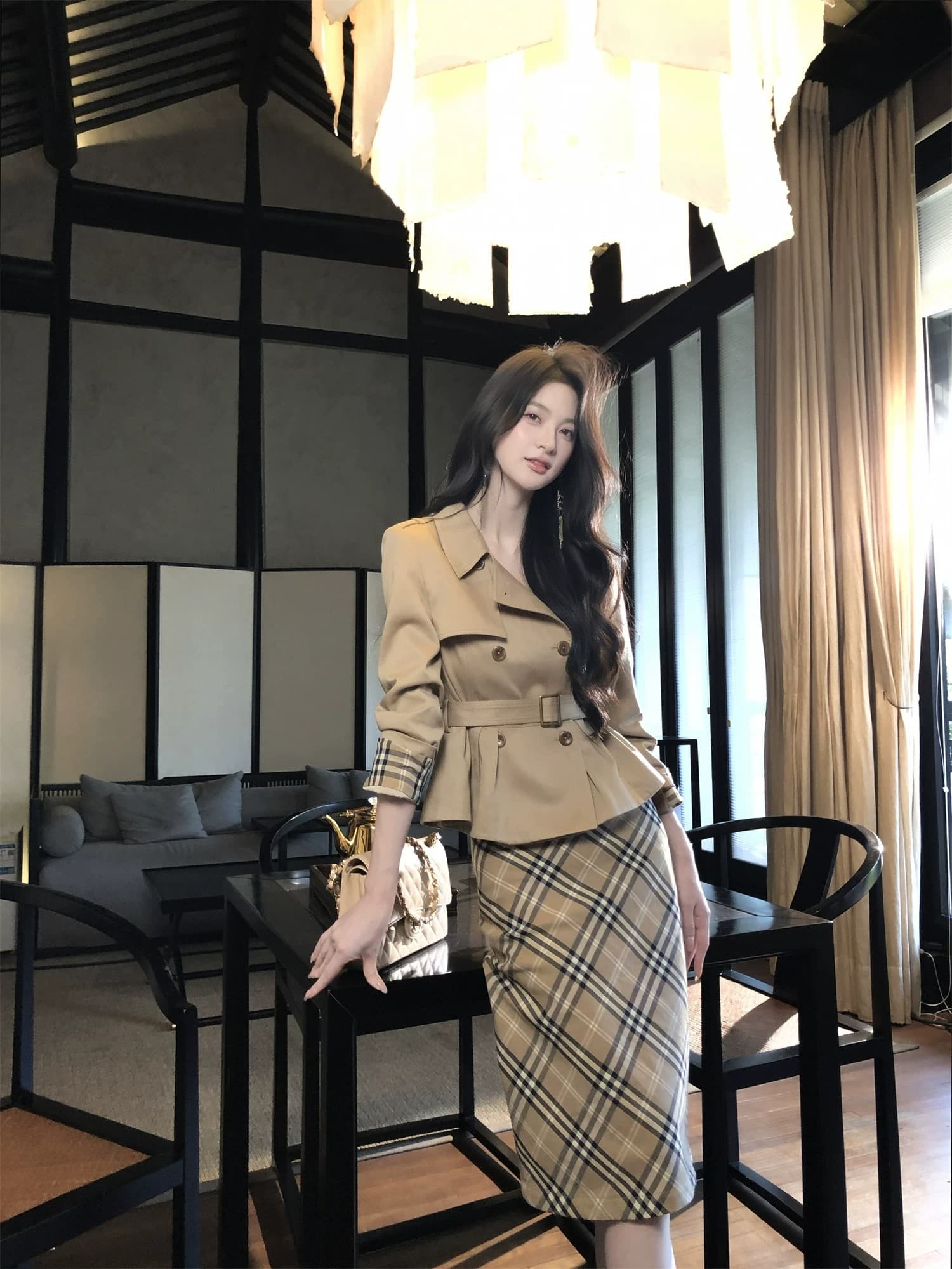 하나부터 순간 반도 라이 경기 서울 면 쇼트 스타일 재킷 재킷 레트로 체크무늬 타이트 스커트 반 스커트 출퇴근 착용 가져 가라. 상세 이미지 41