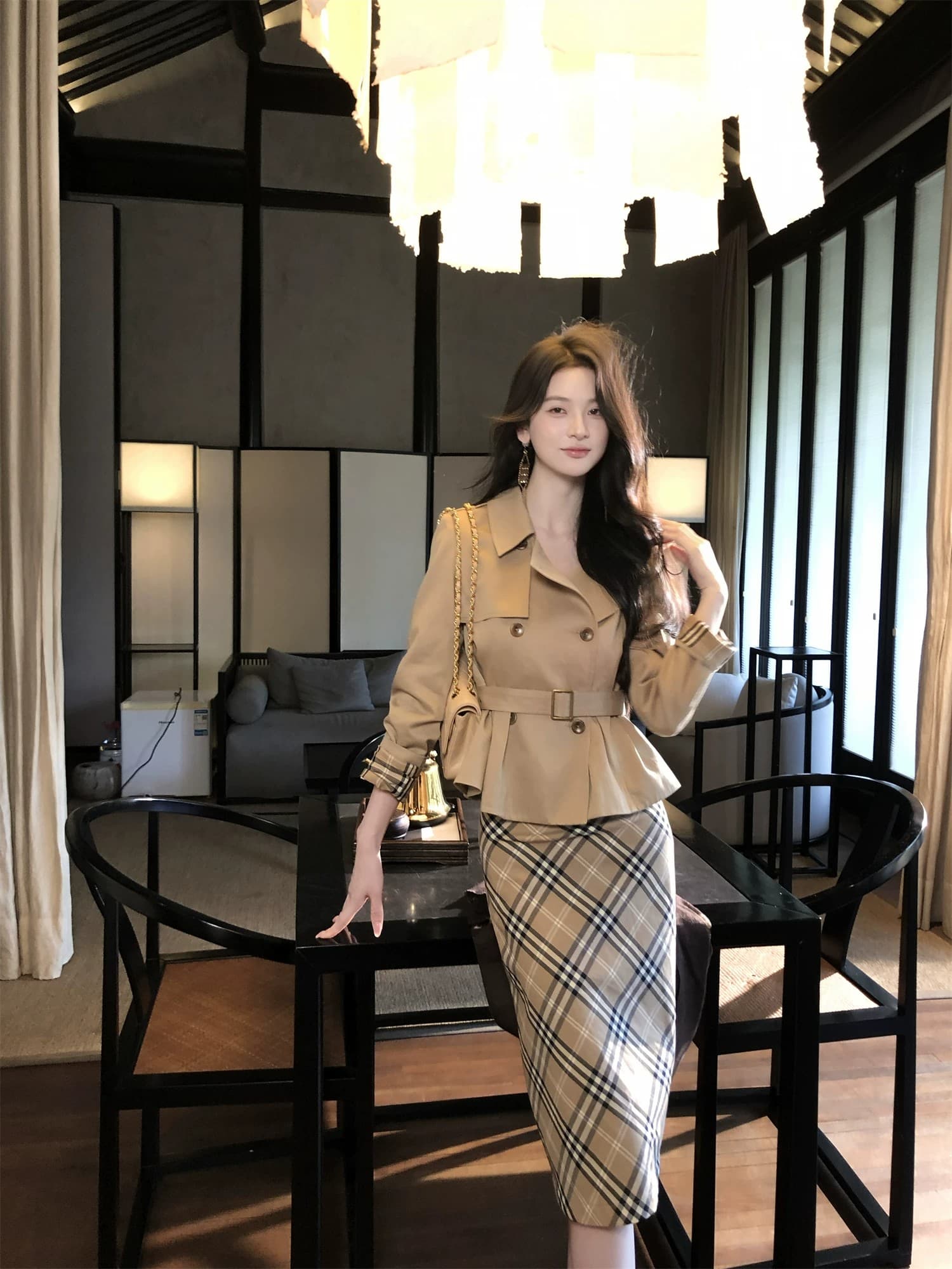 하나부터 순간 반도 라이 경기 서울 면 쇼트 스타일 재킷 재킷 레트로 체크무늬 타이트 스커트 반 스커트 출퇴근 착용 가져 가라. 상세 이미지 42