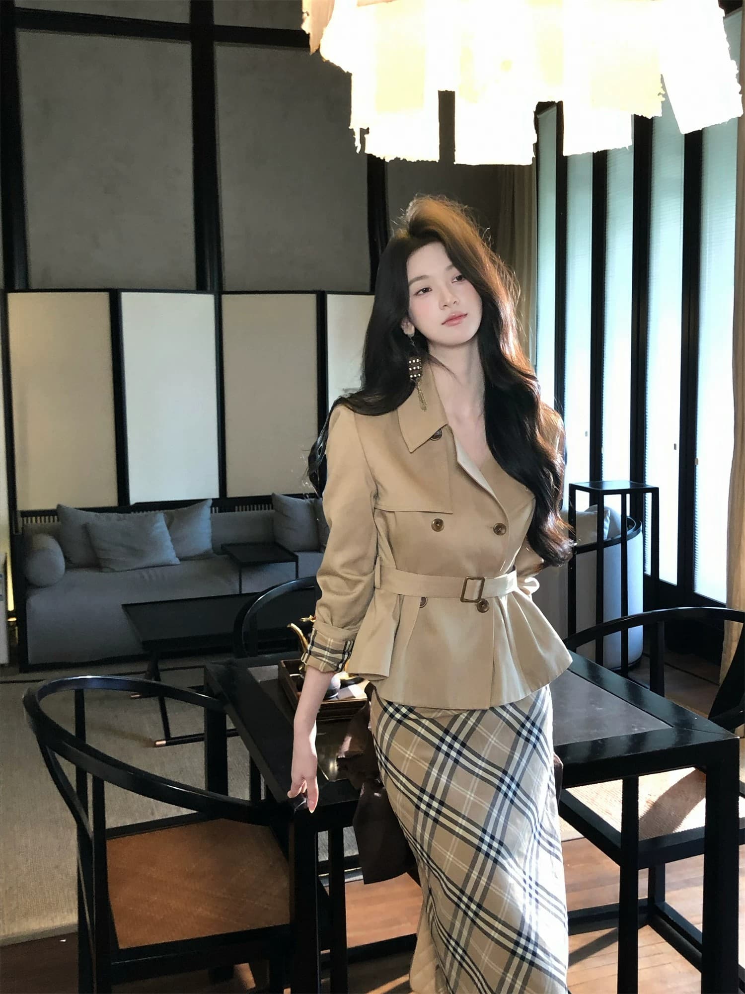 하나부터 순간 반도 라이 경기 서울 면 쇼트 스타일 재킷 재킷 레트로 체크무늬 타이트 스커트 반 스커트 출퇴근 착용 가져 가라. 상세 이미지 48