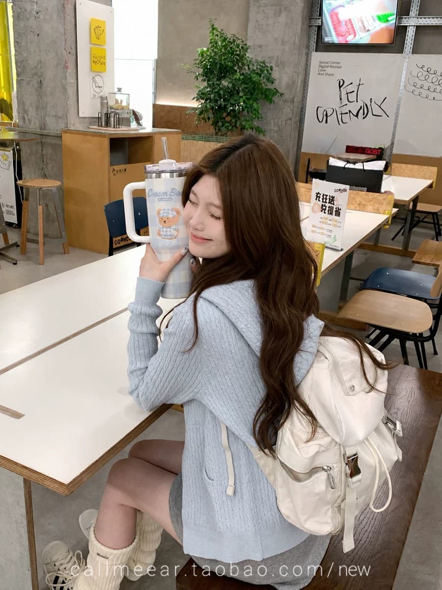 callmeear 후드 꽈배기 모직물 오픈 가디건 오픈 가디건 여성 조기 가을 루즈핏 지퍼 스웨터 코트 상세 이미지 11