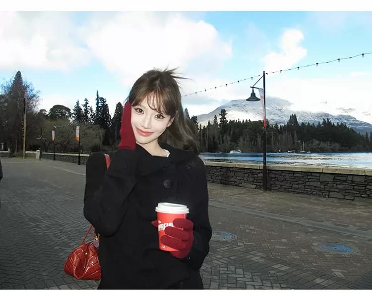 yangzifan 다크 부서 비대칭 단추 디자인 두꺼운 바늘 공예 흔들다 측면 폴로 칼라 스웨터 여자 상세 이미지 9
