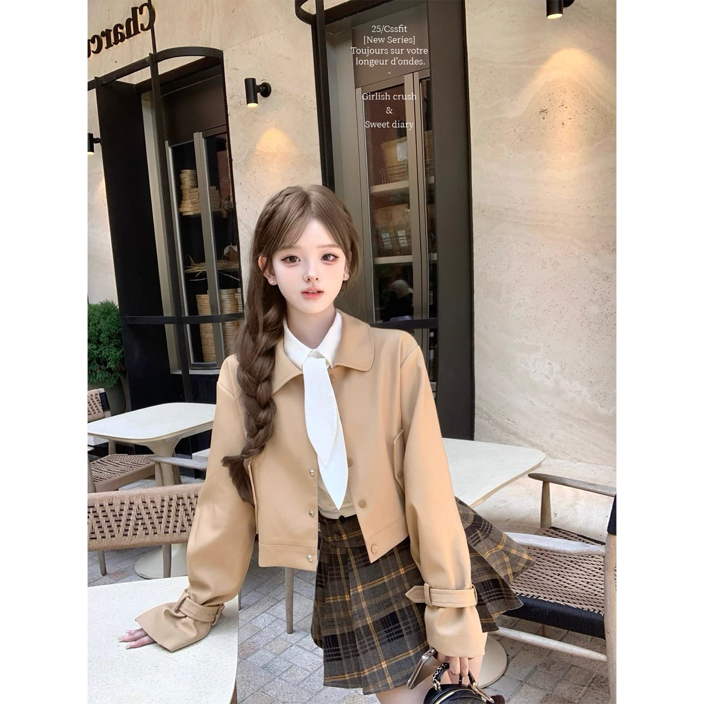 늦게 우산 우산 25 fw 백작 차 비스킷 쇼트 스타일 바람막이 토끼 귀 흰 셔츠 체크무늬 플리츠 치마 세트 가을 이미지 3