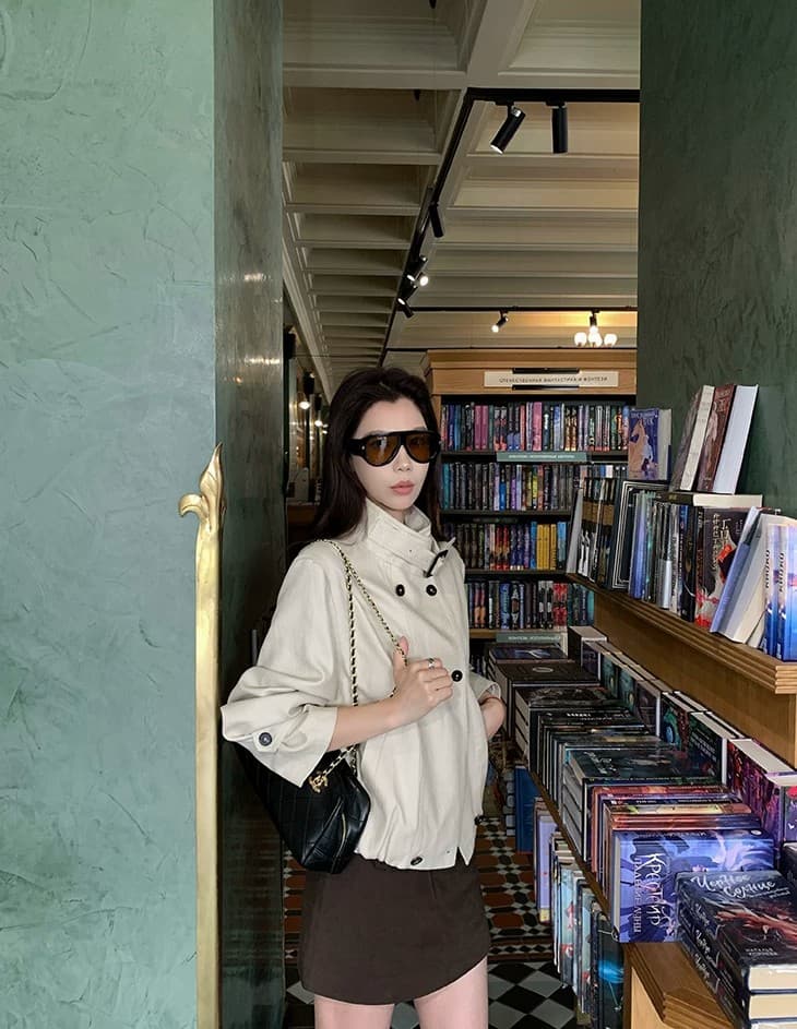 큰 병 맞춤 s1p 슬림해 보이는 서있는 자르다 아마 주간 실크 고급 센스 수 있습니다. 스탠드 칼라 쇼트 스타일 바람막이 여성 코트 가을 상세 이미지 12