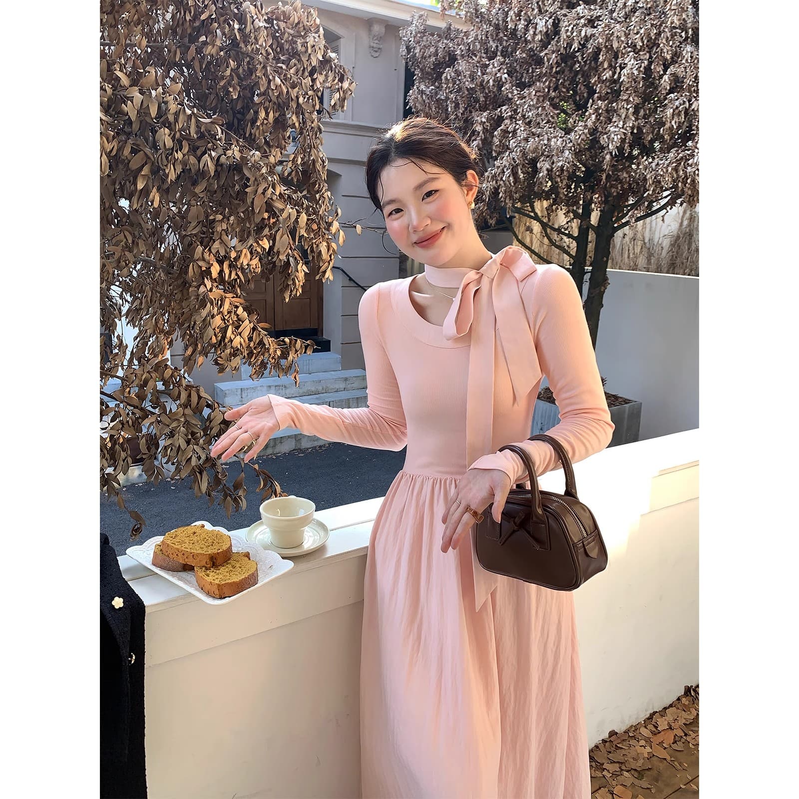 화재 화재 화재 우유 서리 복숭아 복숭아 한국 스타일 행침 목 니트 긴 소매 여성 드레스 부드러운 바람 허리 수축 가을 롱 스커트 이미지 3
