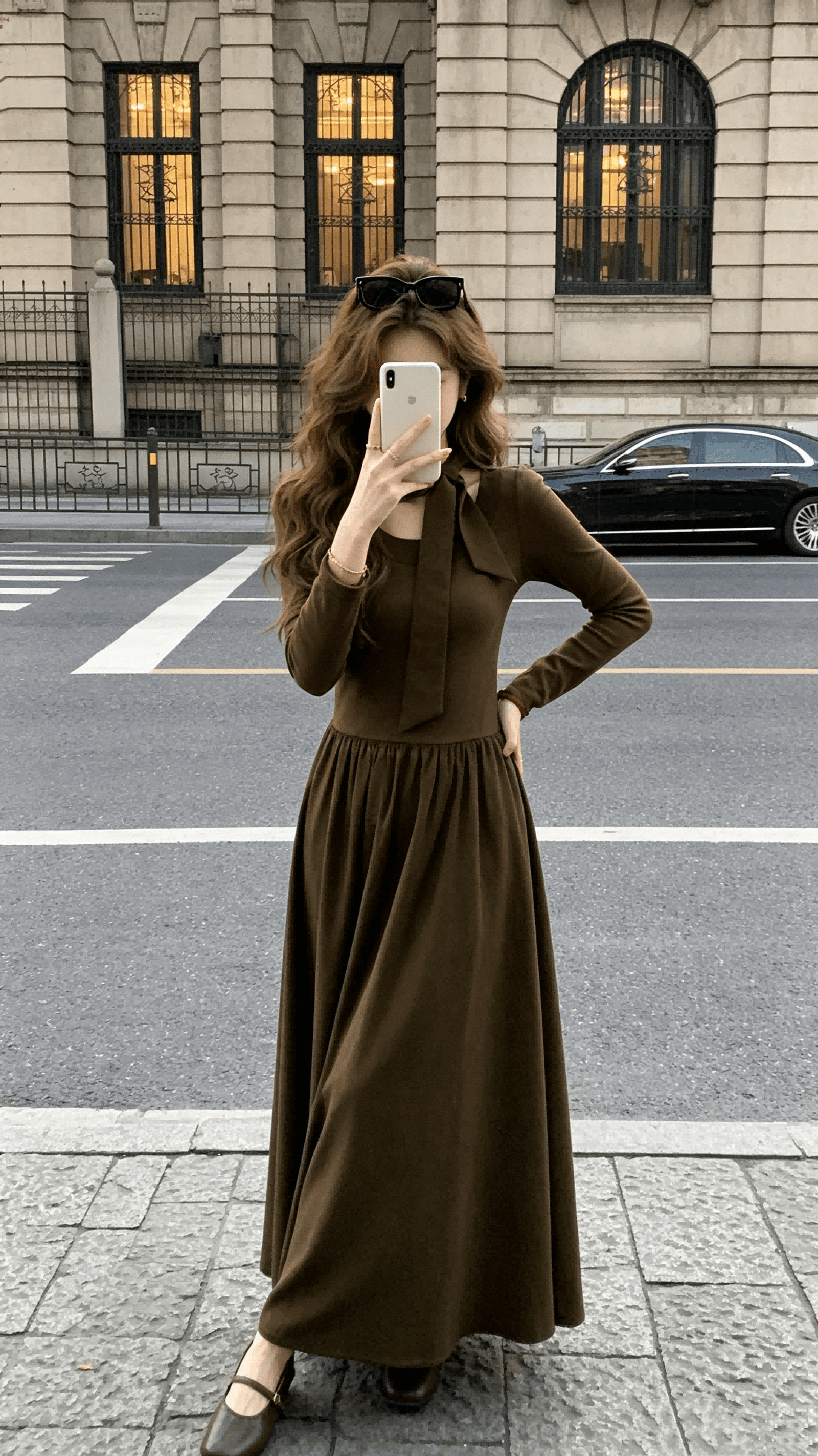 화재 화재 화재 우유 서리 복숭아 복숭아 한국 스타일 행침 목 니트 긴 소매 여성 드레스 부드러운 바람 허리 수축 가을 롱 스커트 상세 이미지 12