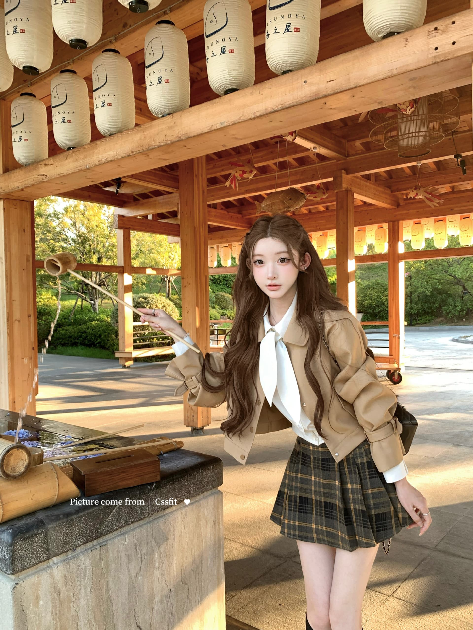 늦게 우산 우산 25 fw 백작 차 비스킷 쇼트 스타일 바람막이 토끼 귀 흰 셔츠 체크무늬 플리츠 치마 세트 가을 상세 이미지 8