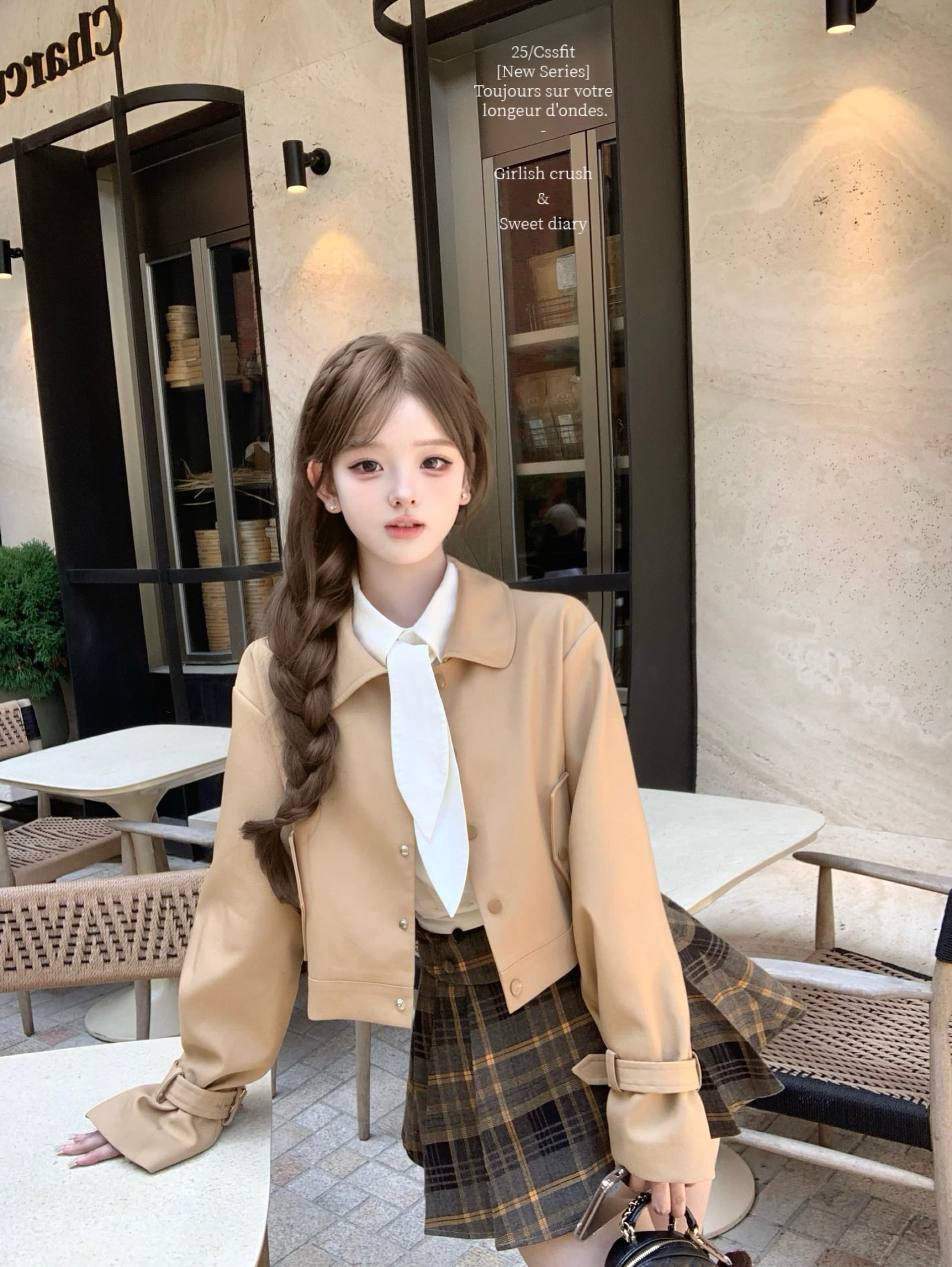 늦게 우산 우산 25 fw 백작 차 비스킷 쇼트 스타일 바람막이 토끼 귀 흰 셔츠 체크무늬 플리츠 치마 세트 가을 상세 이미지 12