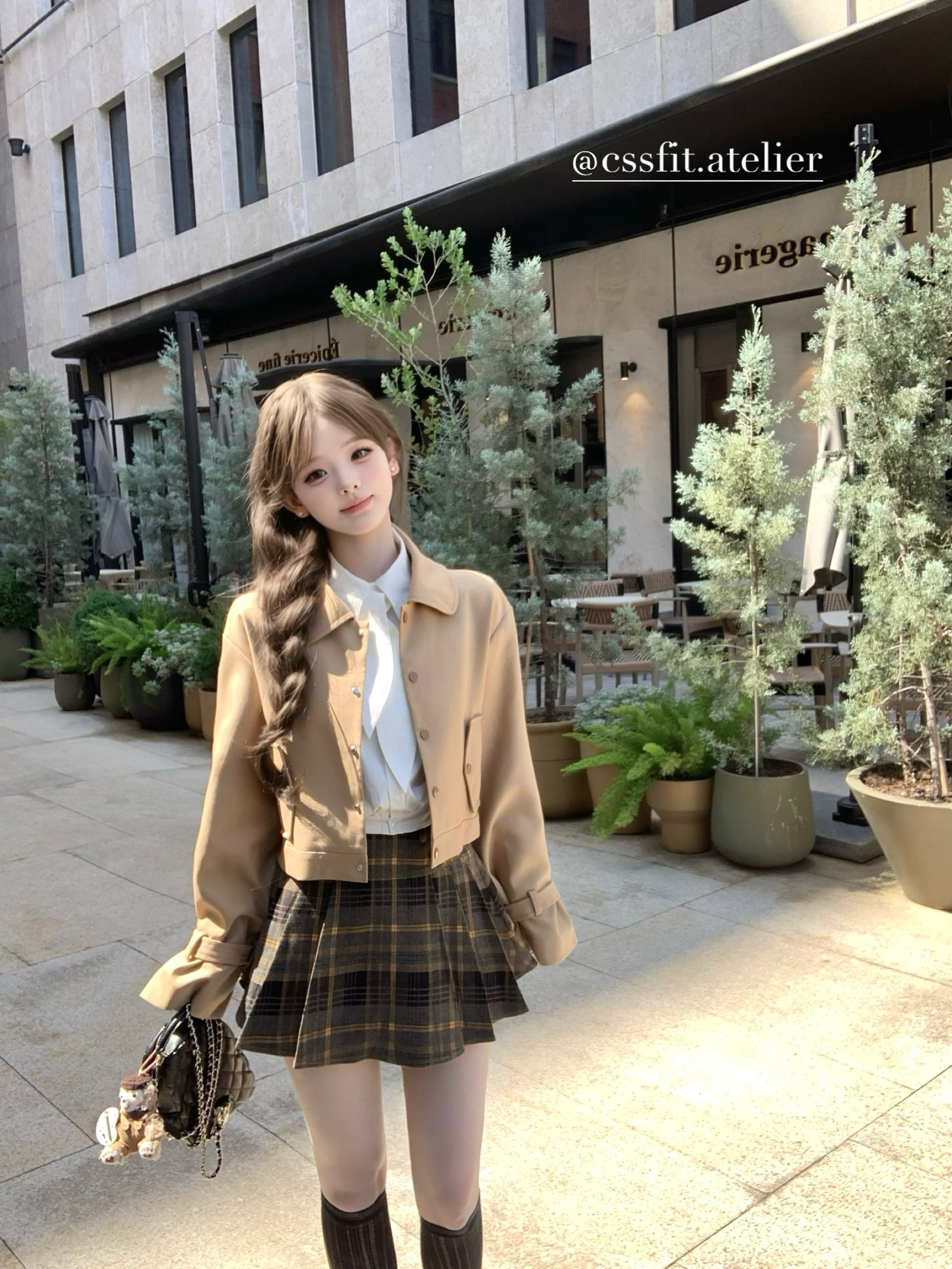늦게 우산 우산 25 fw 백작 차 비스킷 쇼트 스타일 바람막이 토끼 귀 흰 셔츠 체크무늬 플리츠 치마 세트 가을 상세 이미지 13