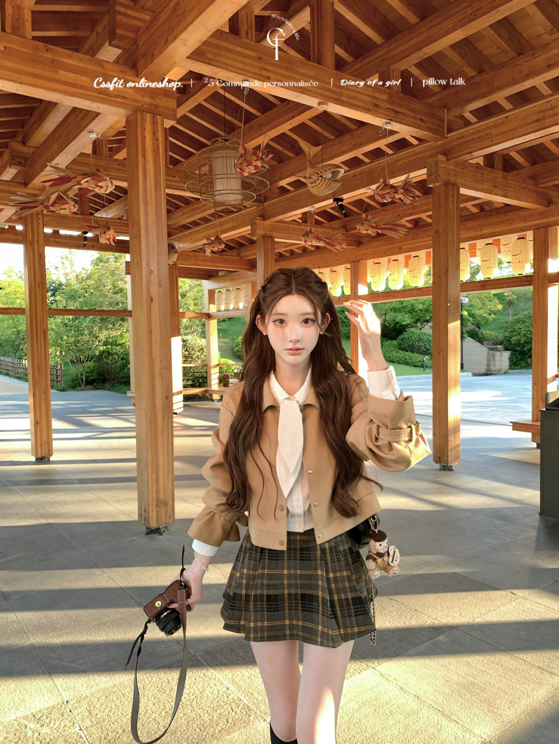 늦게 우산 우산 25 fw 백작 차 비스킷 쇼트 스타일 바람막이 토끼 귀 흰 셔츠 체크무늬 플리츠 치마 세트 가을 상세 이미지 16