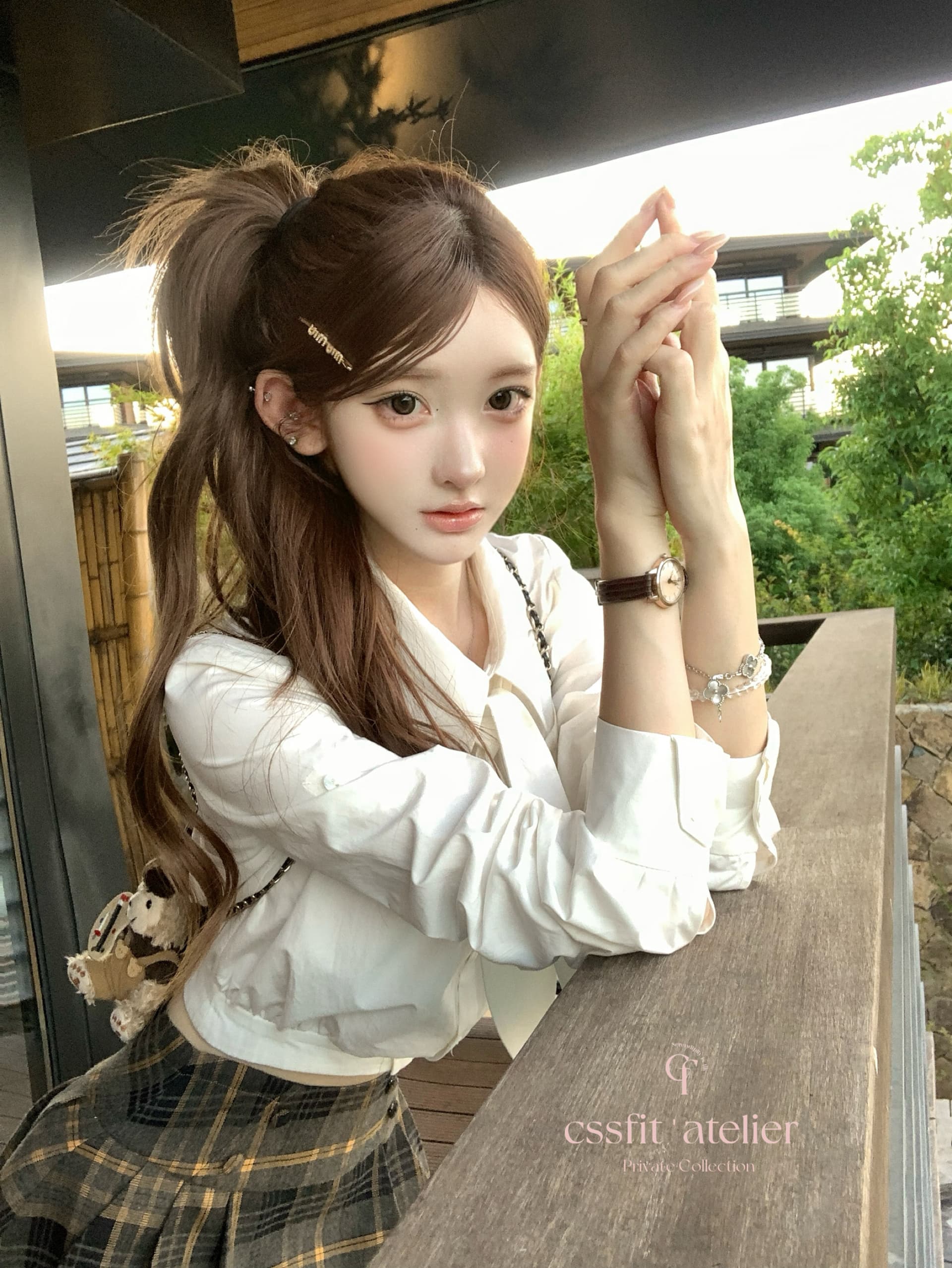 늦게 우산 우산 25 fw 백작 차 비스킷 쇼트 스타일 바람막이 토끼 귀 흰 셔츠 체크무늬 플리츠 치마 세트 가을 상세 이미지 17