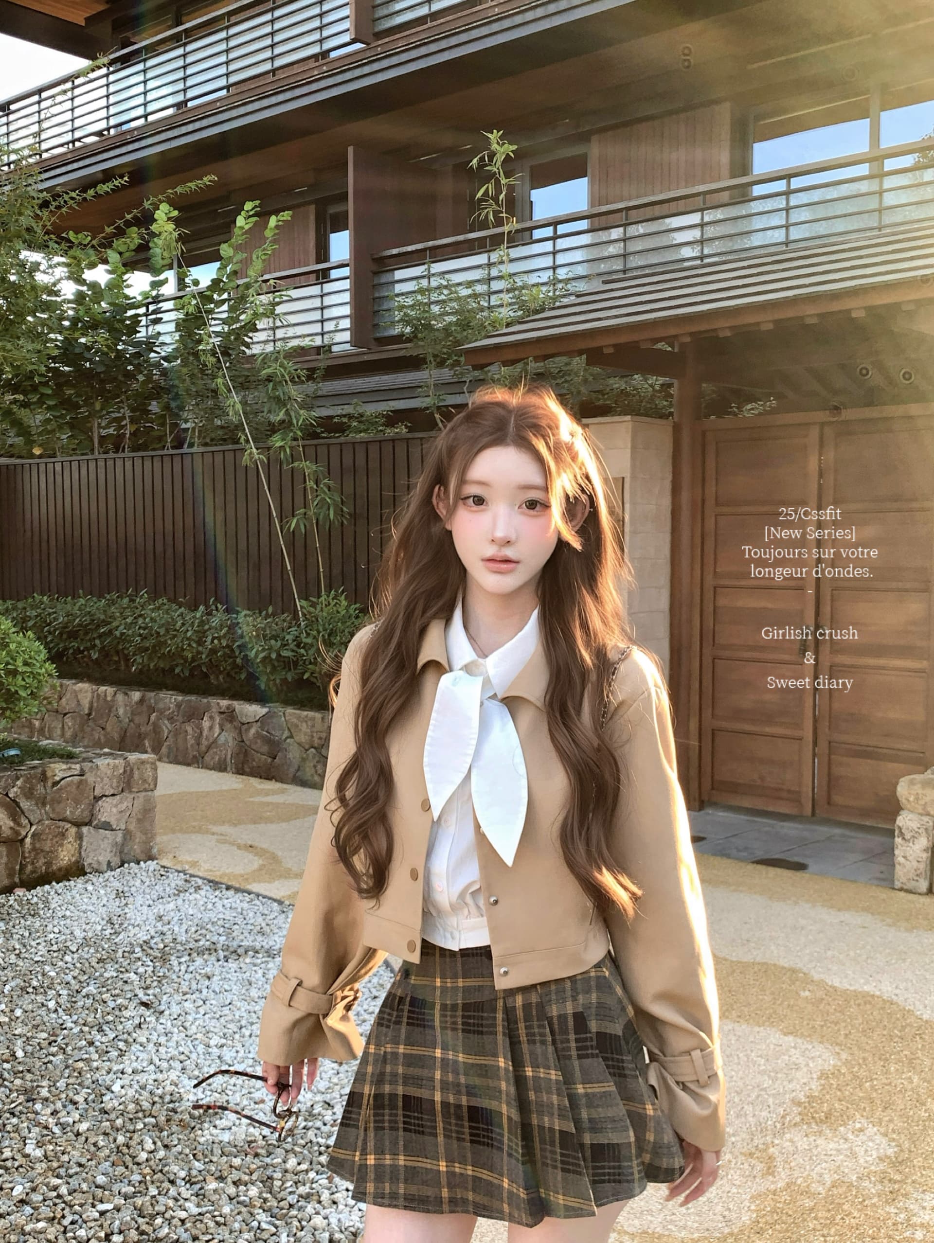 늦게 우산 우산 25 fw 백작 차 비스킷 쇼트 스타일 바람막이 토끼 귀 흰 셔츠 체크무늬 플리츠 치마 세트 가을 상세 이미지 18