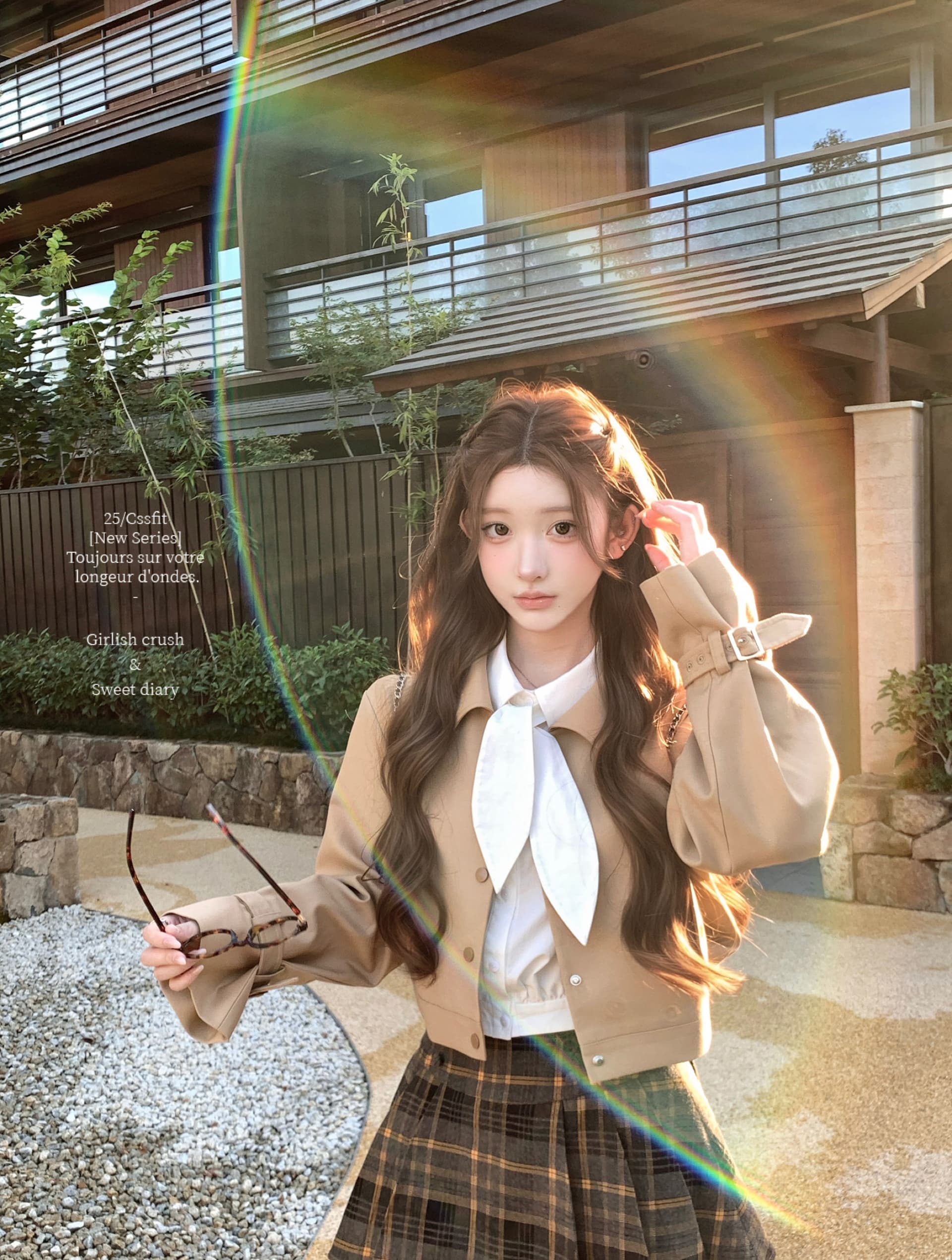 늦게 우산 우산 25 fw 백작 차 비스킷 쇼트 스타일 바람막이 토끼 귀 흰 셔츠 체크무늬 플리츠 치마 세트 가을 상세 이미지 19