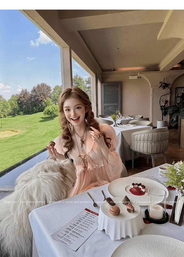 doggyqin bch10e 사설 서비스 보여주기 섹션 분말 안개 놀라다 프릴 거품 소매 쉬폰 블라우스 쇼트 스타일 맨위 상세 이미지 15