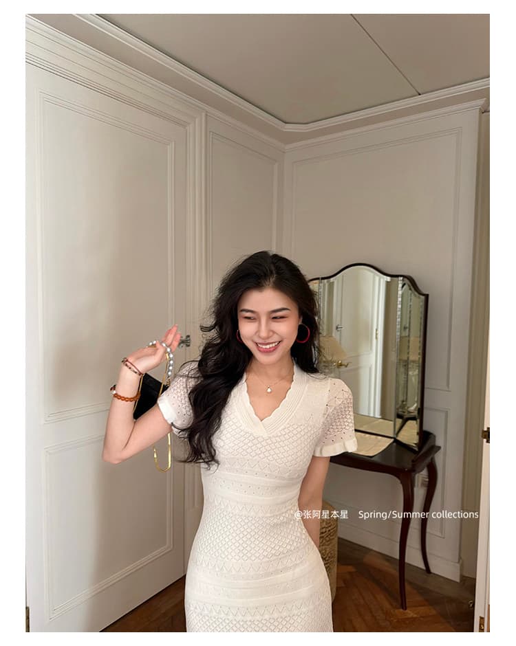 장 A 스타 원더풀 아름다움 그는 벤 고급 센스 라이 경기 서울 홀로우 아웃 V넥 니트 몸매 가꾸기 슬림해 보이는 드레스 상세 이미지 8
