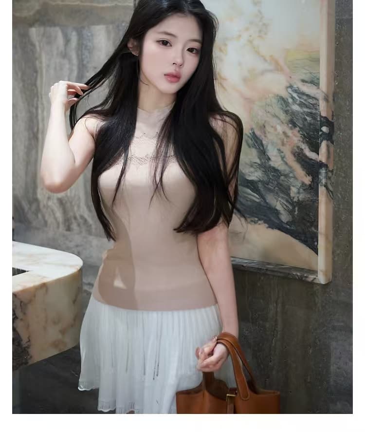 m900 레이스 조각 조끼 2026 년 봄 니트 민소매 맨위 플러스 플리츠 스커트 다용도 한 마디 치마 세트 이미지 3