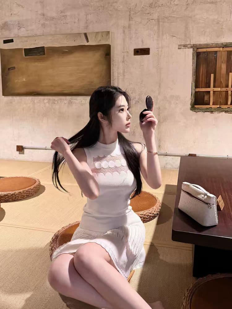 m900 레이스 조각 조끼 2026 년 봄 니트 민소매 맨위 플러스 플리츠 스커트 다용도 한 마디 치마 세트 상세 이미지 1