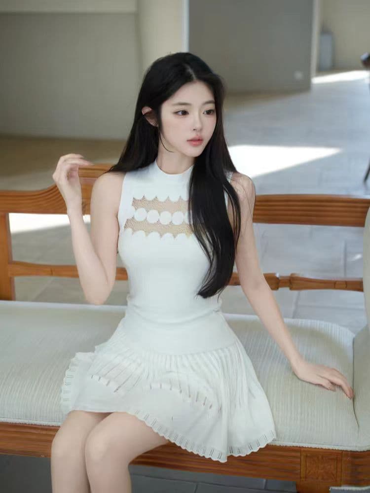 m900 레이스 조각 조끼 2026 년 봄 니트 민소매 맨위 플러스 플리츠 스커트 다용도 한 마디 치마 세트 상세 이미지 3