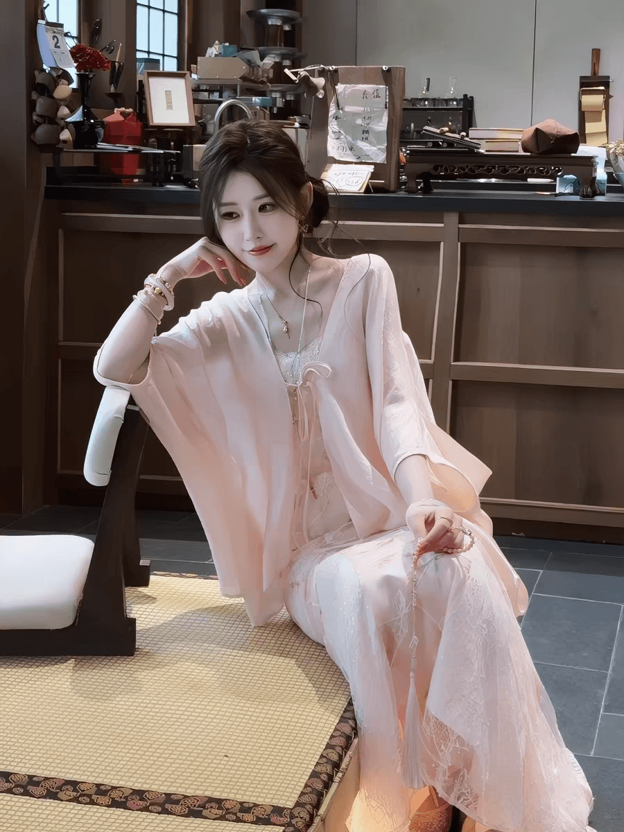 찌르기 복숭아의 꽃 크릭 측면 주간 실크 오픈 가디건 꽃무늬 자수 슬립 드레스 tt2gcth2129 이미지 5