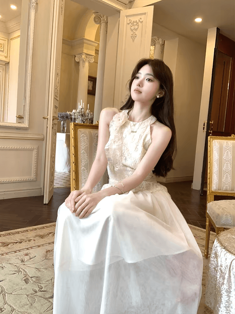 하얀 배 얼음 와인 살구 색상 자수 패치워크 행침 목 롱 코트 여성 드레스 여름 프랑스식 품격 치마 상세 이미지 6