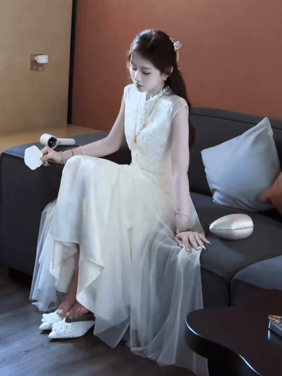 파빌리온 와우 린 늦지 않다 새로운 중식 무거운 작업 구슬 조각 자수 개선 치파오 이른 가을 새로운 민소매 드레스 블라우스 상세 이미지 5