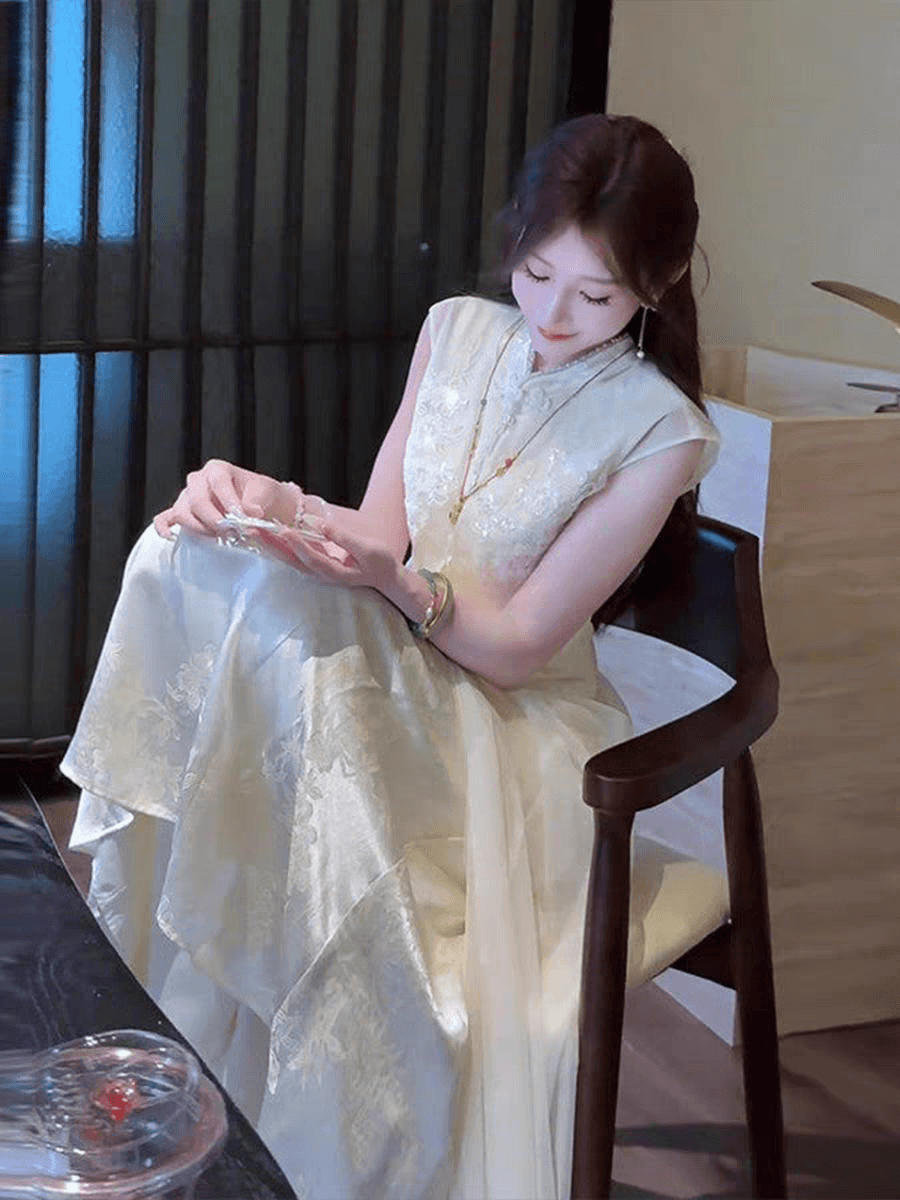 파빌리온 와우 린 늦지 않다 새로운 중식 무거운 작업 구슬 조각 자수 개선 치파오 이른 가을 새로운 민소매 드레스 블라우스 상세 이미지 7