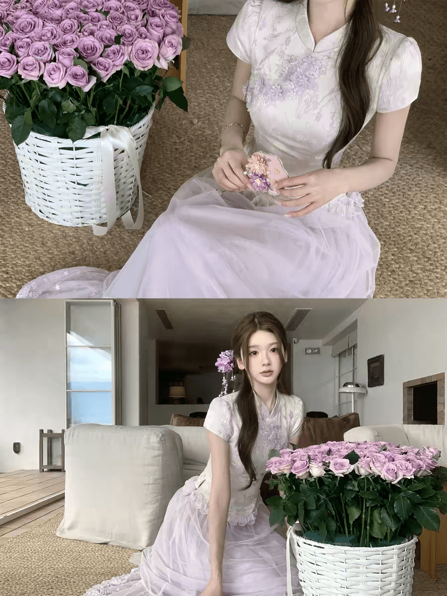 q 여자 집 신제품 9 접기 보라색 꽃 편지 더블 버전 새로운 중식 3 차원 꽃 자수 치파오 거즈 스커트 세트 상세 이미지 7
