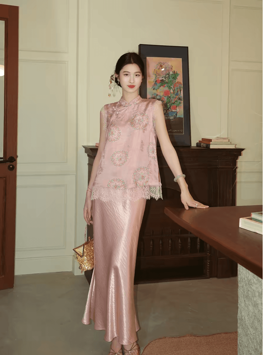 링 茜 거만한 와우 복숭아 지점 분말 달 새로운 중식 품격 레이스 술 스팽글 민소매 맨위 새틴 반신 스커트 이미지 3