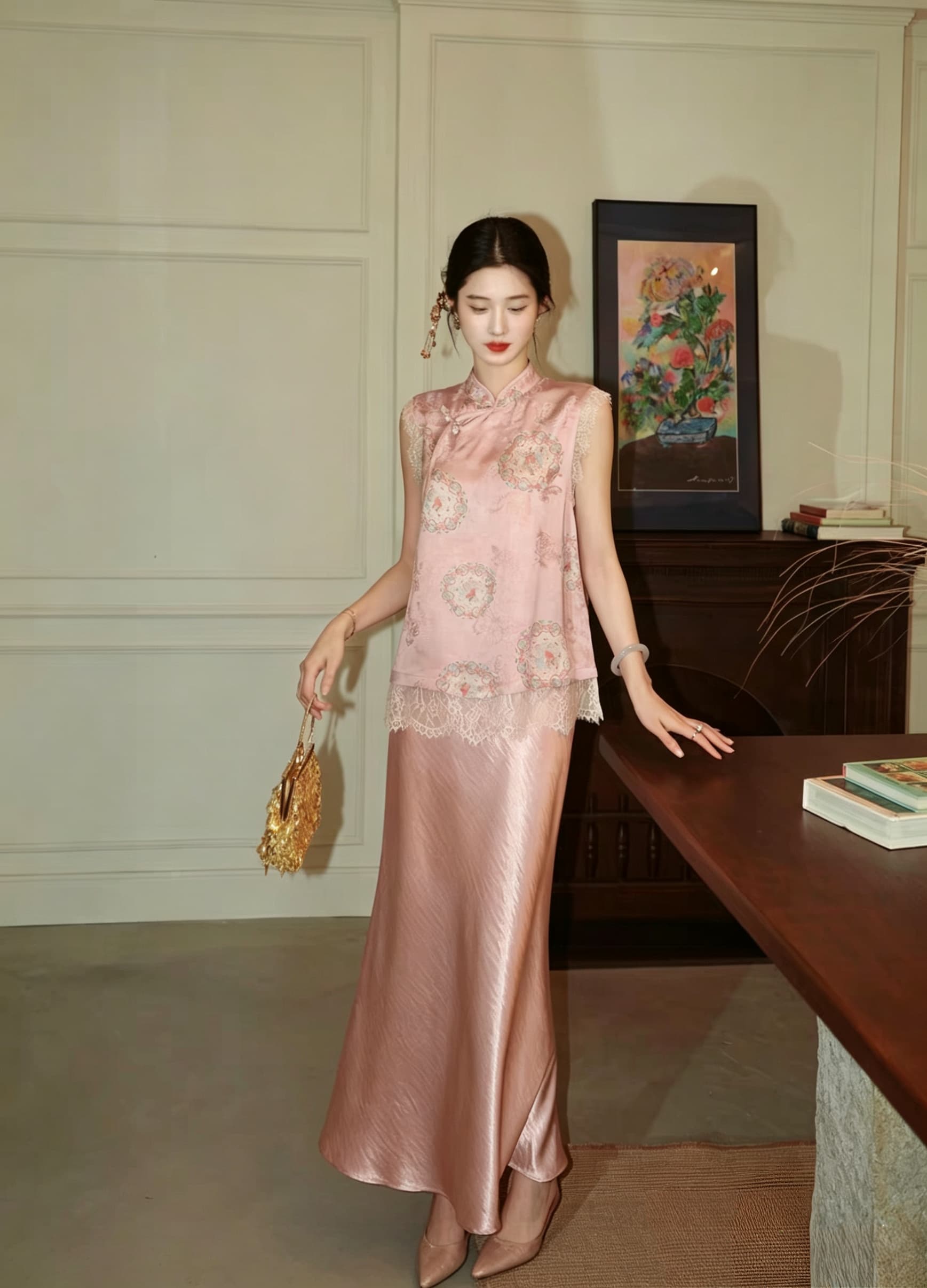 링 茜 거만한 와우 복숭아 지점 분말 달 새로운 중식 품격 레이스 술 스팽글 민소매 맨위 새틴 반신 스커트 이미지 4
