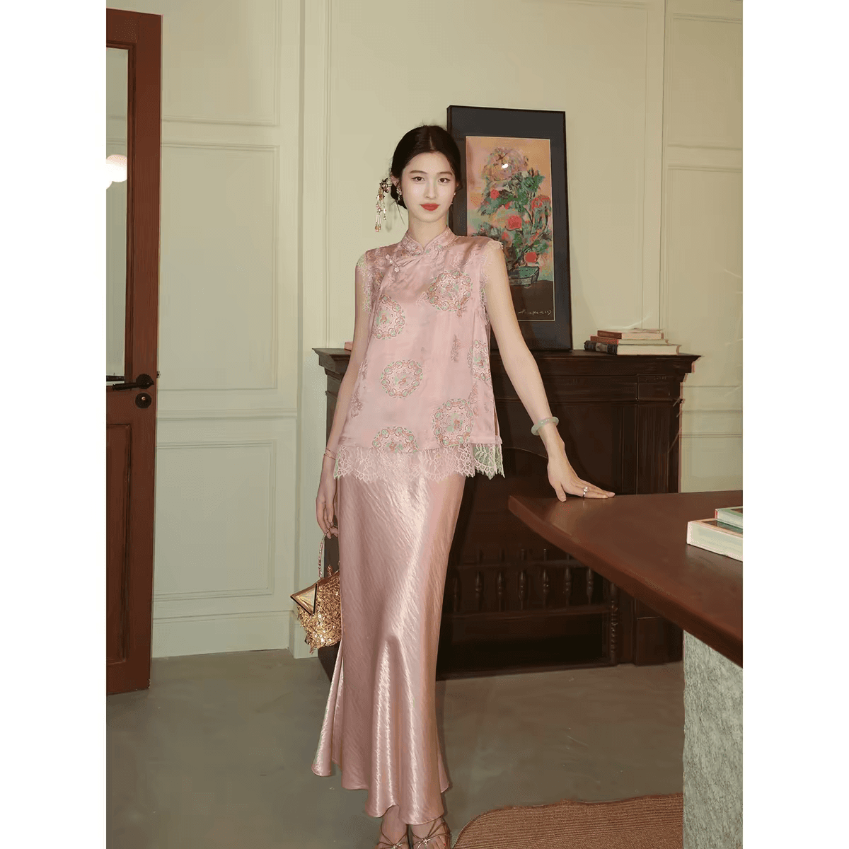 링 茜 거만한 와우 복숭아 지점 분말 달 새로운 중식 품격 레이스 술 스팽글 민소매 맨위 새틴 반신 스커트 상세 이미지 3