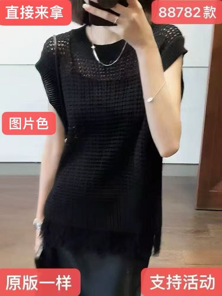 검정색 중간 길이 홀로우 아웃 라운드 넥 Feifei 소매 짠 셔츠 여성 새로운 여름 루즈핏 디자인 센스 맨위 여성